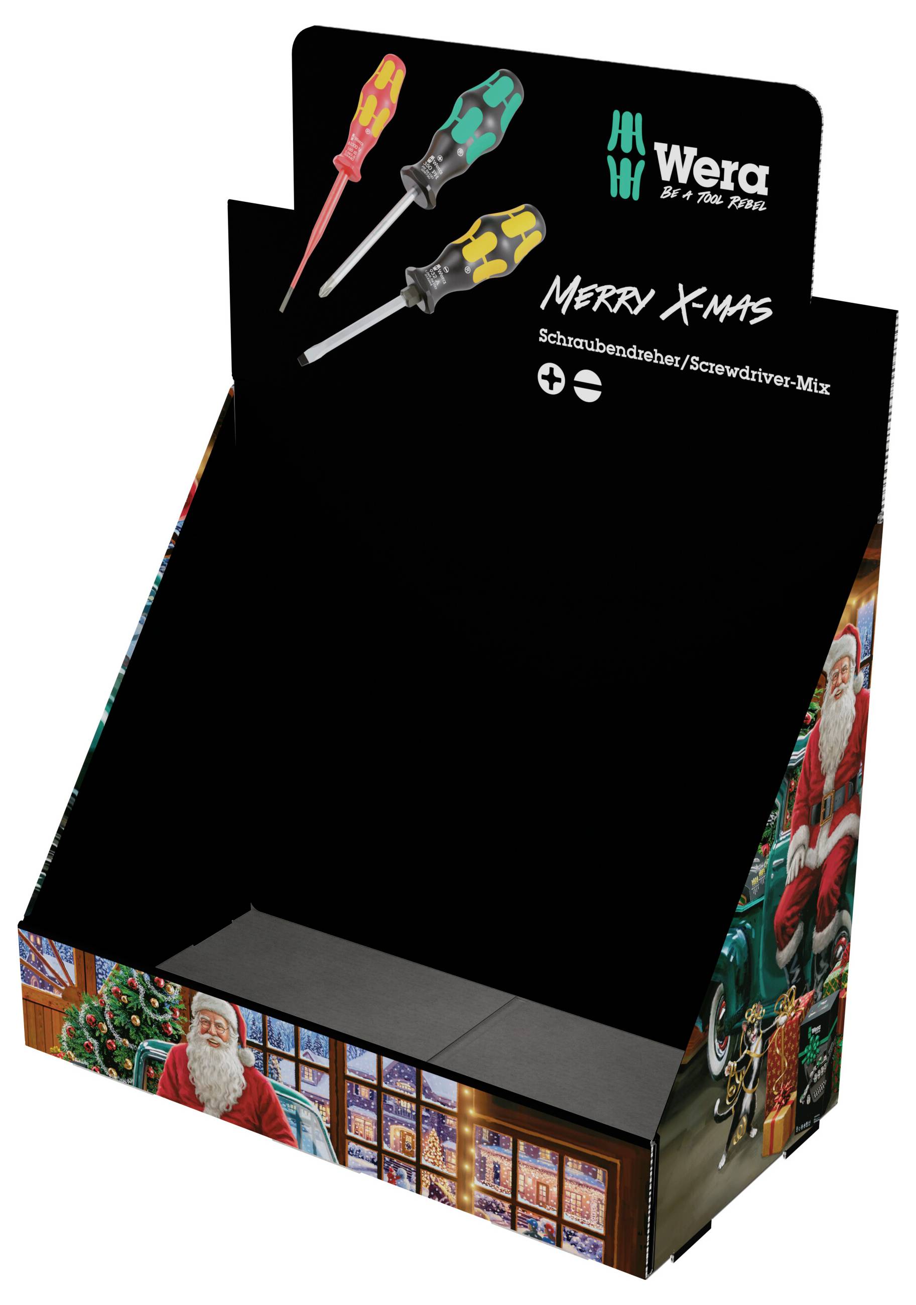 Wera Weihnachtsgeschenkbox-Display für Schraubendreher-Mix mit drei abgebildeten Schraubendrehern und „Merry X-Mas