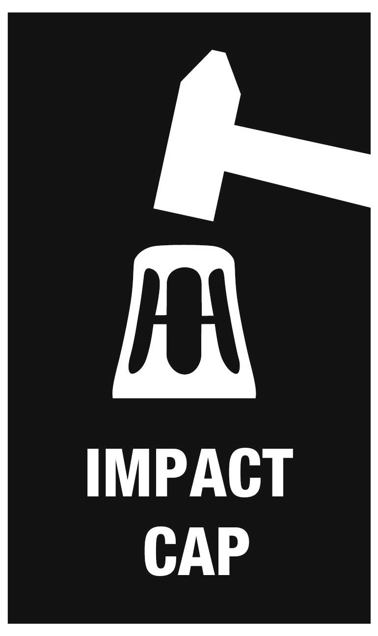 Weißer Hammer, der auf eine Kappe schlägt, Symbol über den Worten „IMPACT CAP