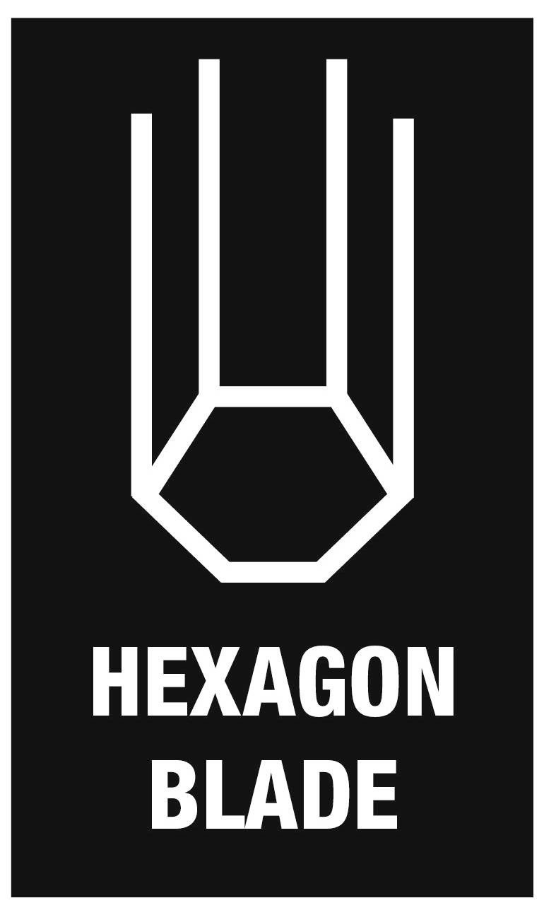 Schwarzes Logo mit einem weißen geometrischen Hexagon-Klingen-Symbol über dem Text „HEXAGON BLADE