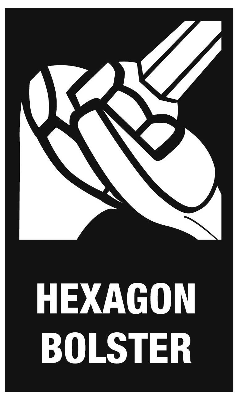 Schwarz-Weiß-Logo eines Sechskant-Polsters mit stilisierter Werkzeug- oder Bohrerspitze über dem Text „HEXAGON BOLSTER