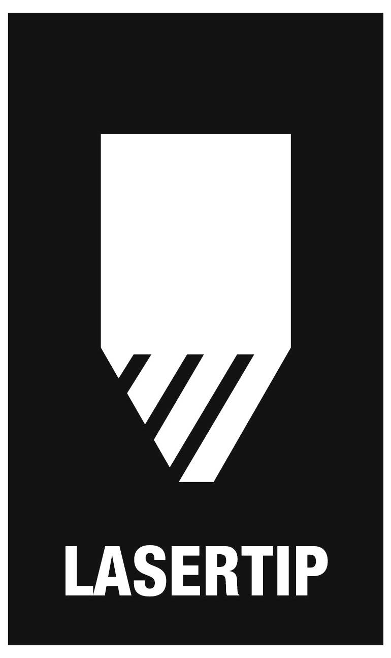 Schwarzes Logo mit einer weißen stilisierten Bleistiftspitze über dem Wort „LASERTIP