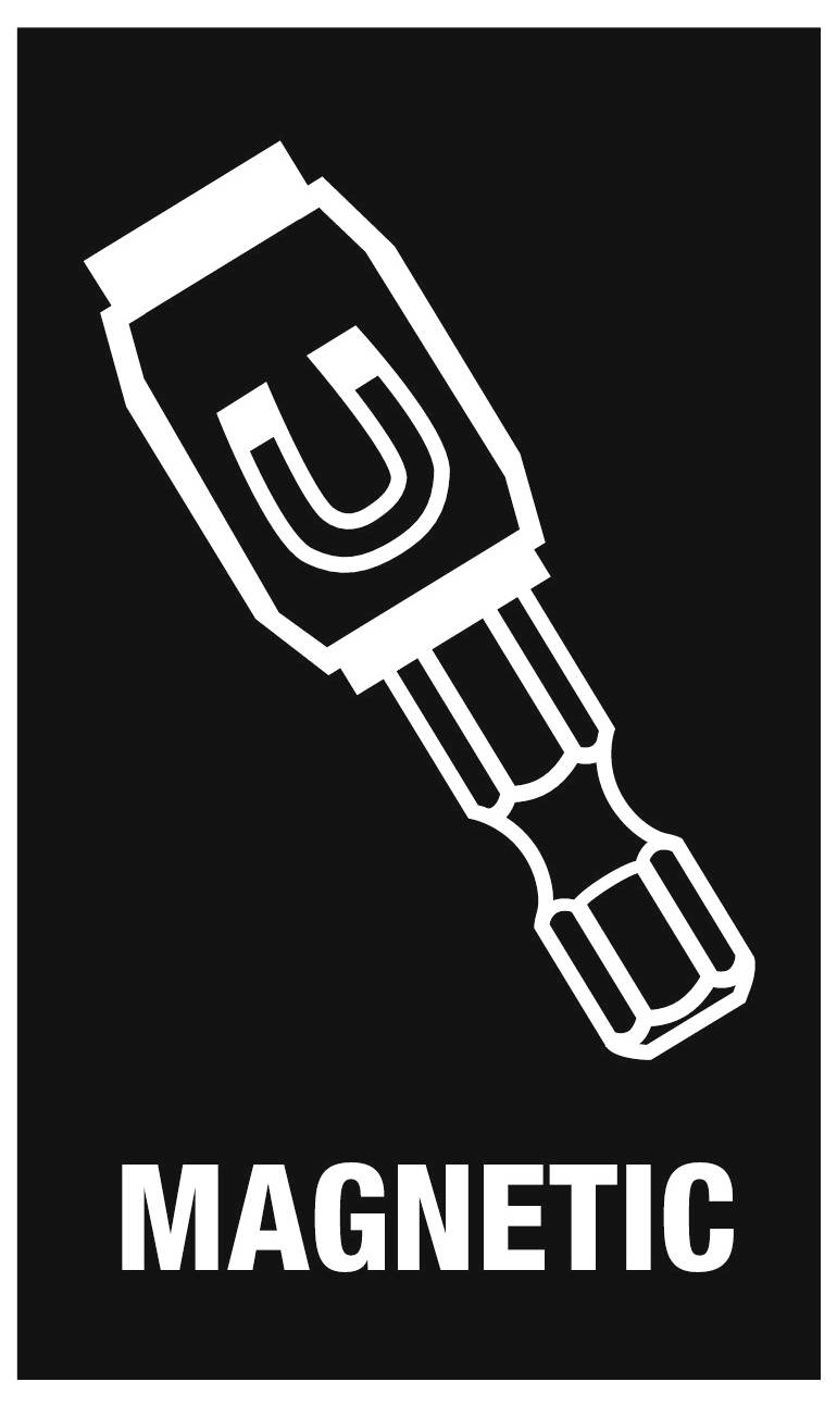 Weißes magnetisches Schraubendreherbit-Symbol auf schwarzem Hintergrund mit dem Wort „MAGNETISCH