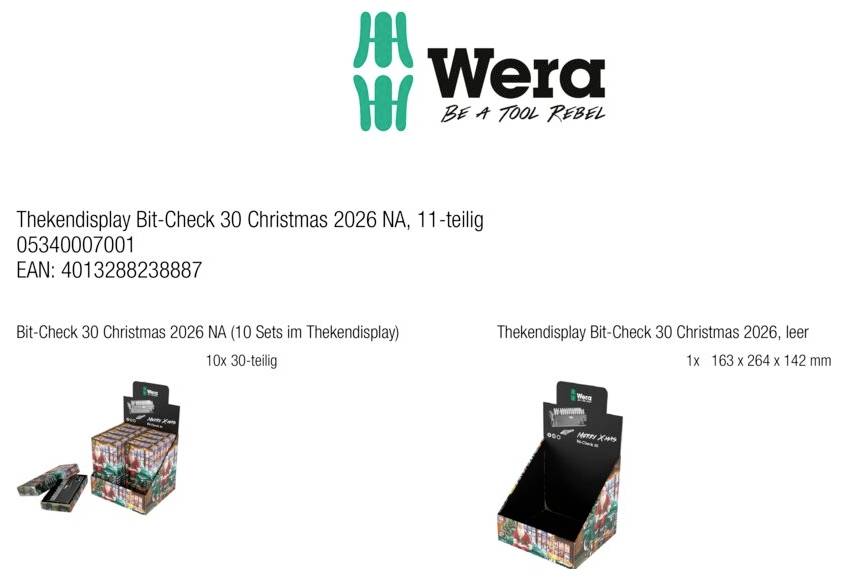Wera-Produktpräsentation für Bit-Check 30 Weihnachten 2026 NA, zeigt ein 10er-Set Ladentheken-Display und eine leere Displaybox mit Produktcode und EAN.