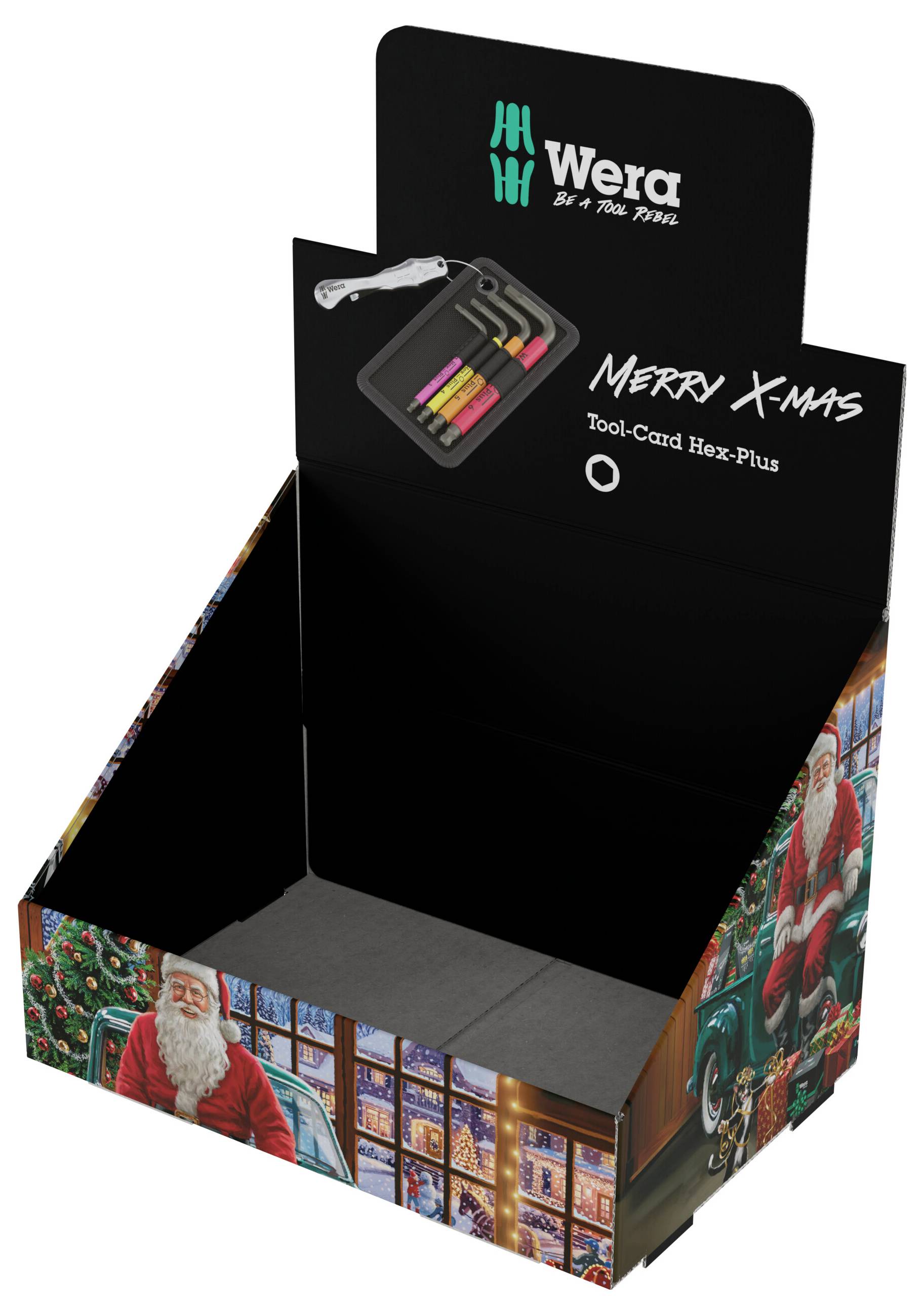 Wera Weihnachts-Kartonaufsteller für Tool-Check Hex-Plus, mit Abbildung eines kleinen Werkzeugsatzes und „FROHE WEIHNACHTEN
