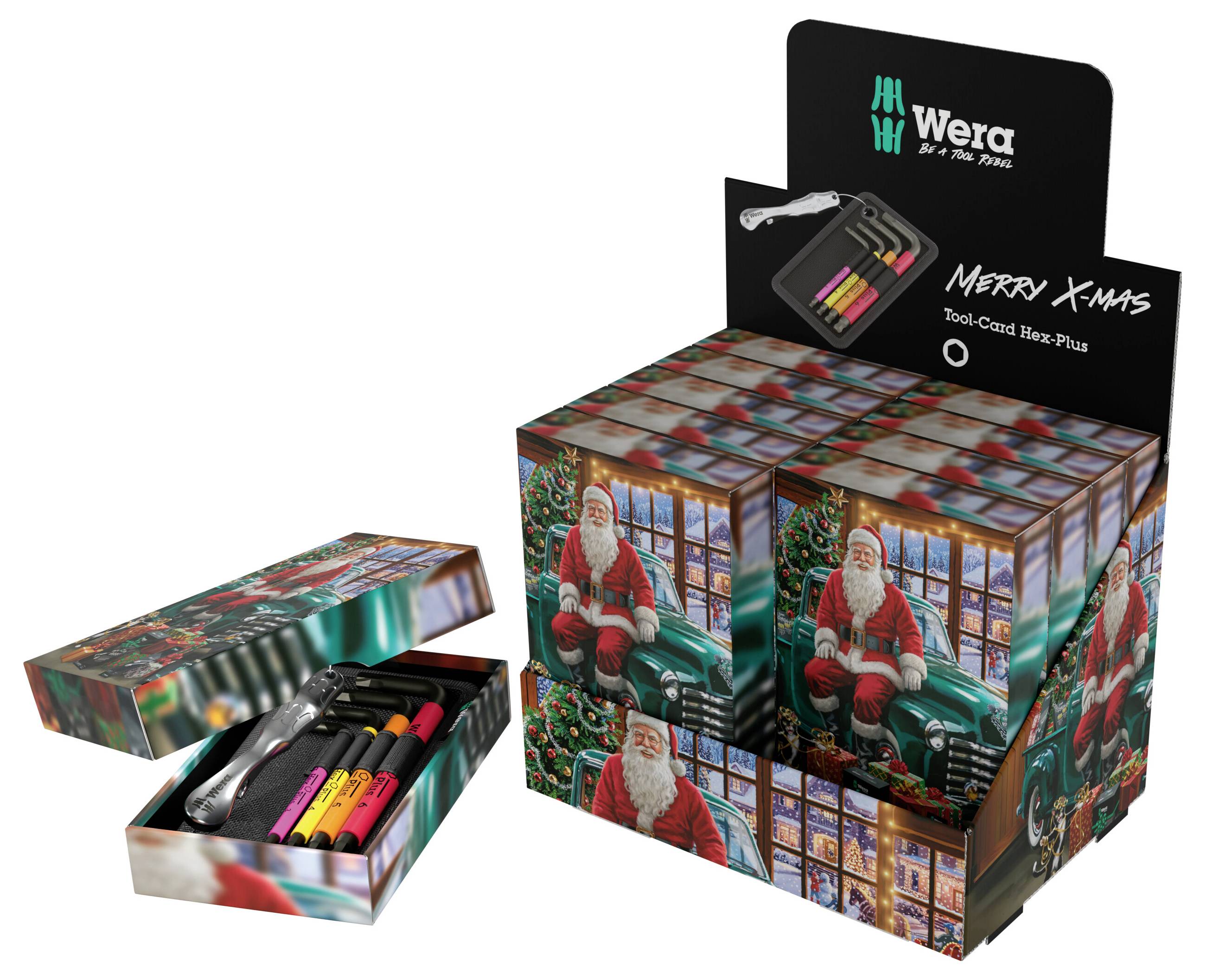 Wera Frohe Weihnachten Werkzeug-Check Hex-Plus Geschenkset in festlicher Weihnachtsmann-Themen-Verpackung, mit offener Kiste, die Sechskant-Werkzeuge und Zubehör zeigt.