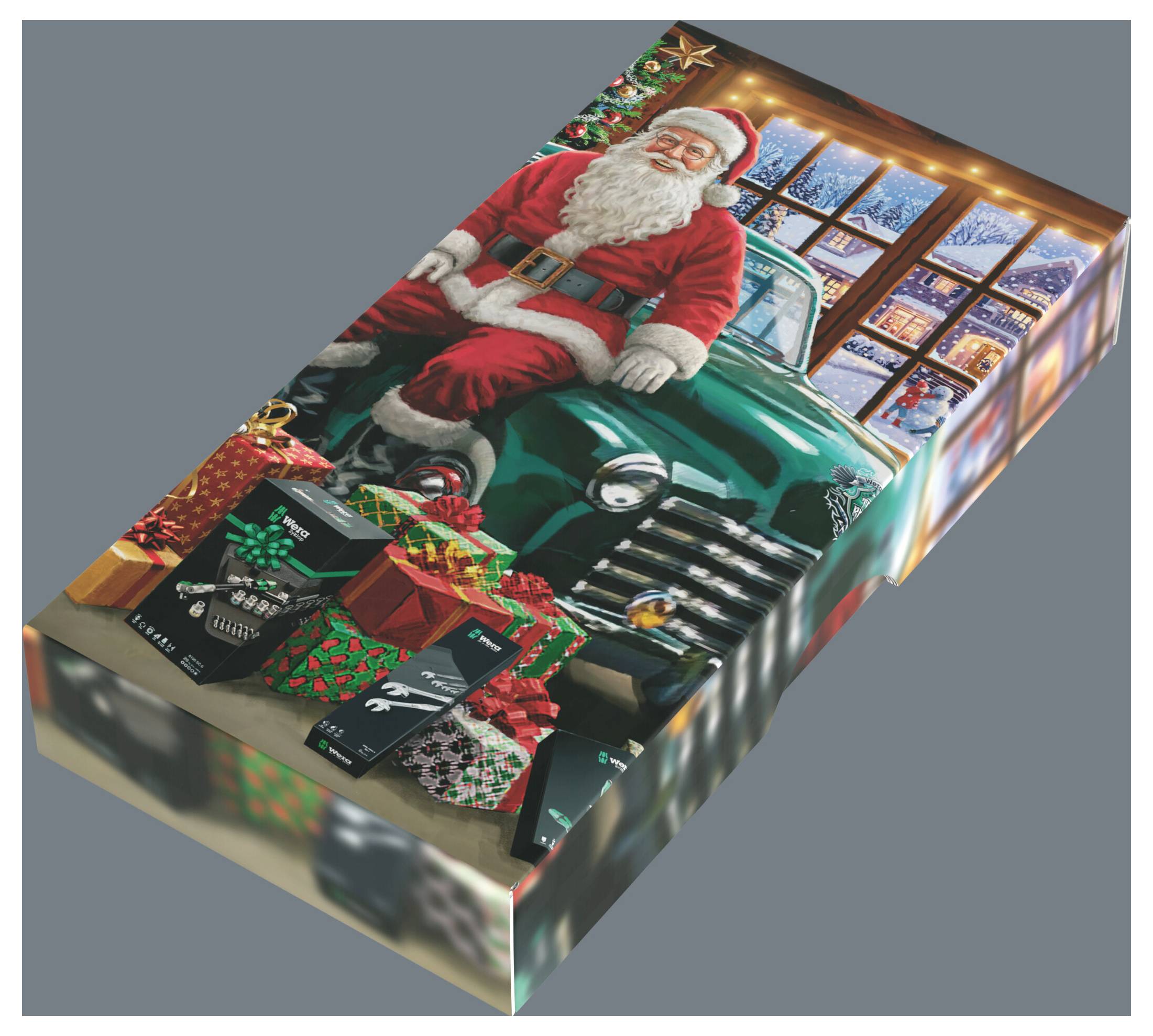 3D-Illustration einer Weihnachtsgeschenkbox mit dem Weihnachtsmann auf einem roten Lastwagen, eingewickelten Geschenken und einer beleuchteten Winterfensterszene.