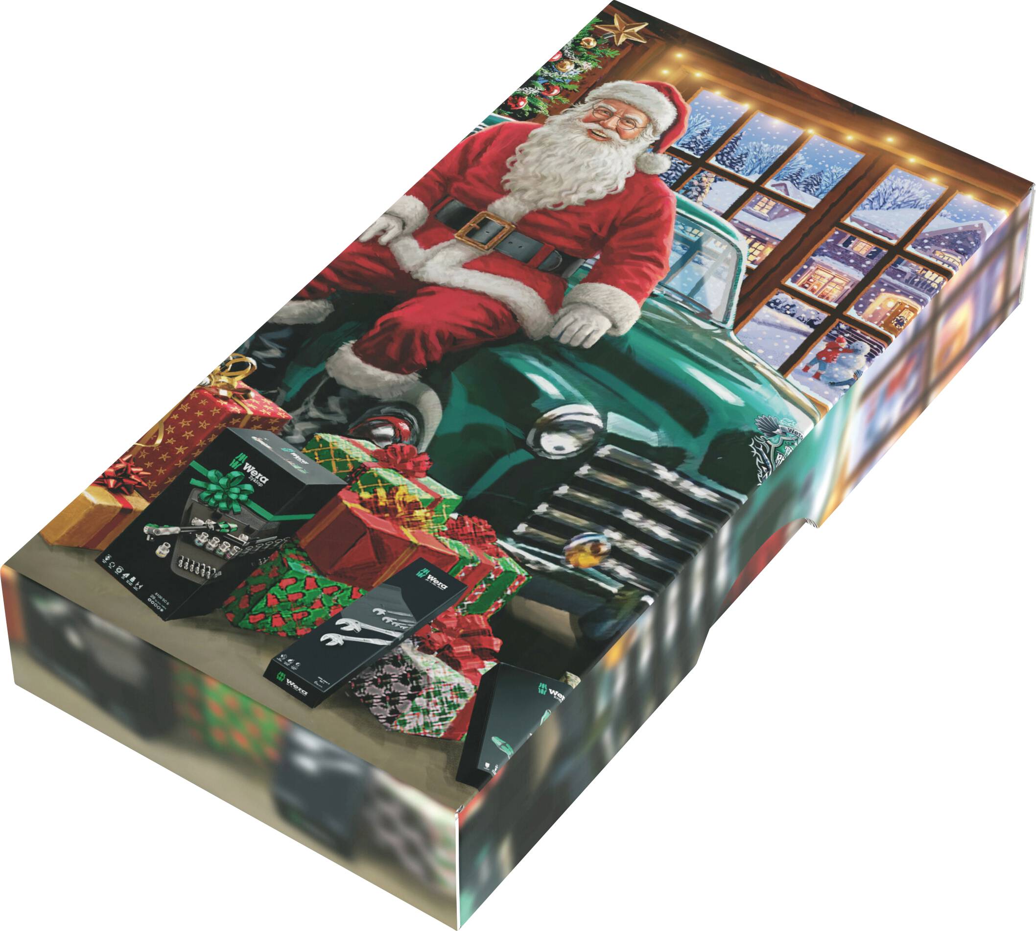 Geschenkbox zum Weihnachtsfest mit einem Retro-Weihnachtsmann, der auf einem grünen Lastwagen sitzt, umgeben von eingepackten Geschenken und Weihnachtslichtern.