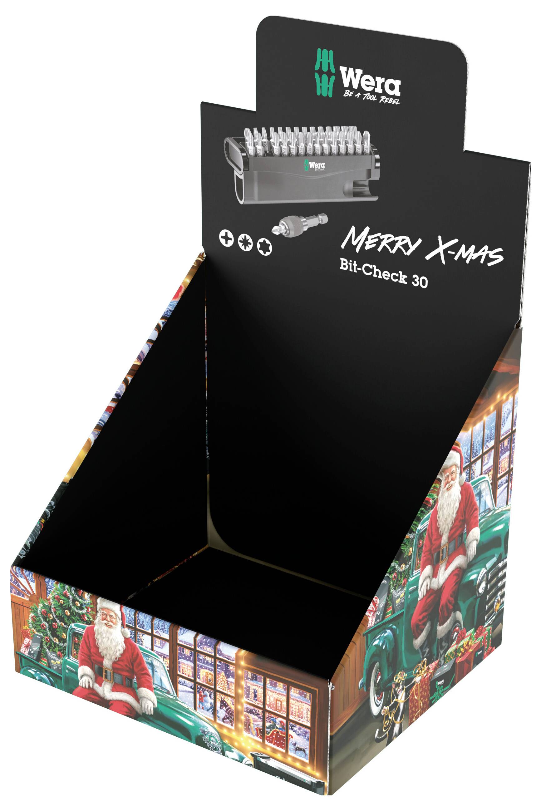 Wera Bit-Check 30 Geschenkbox mit Weihnachtsdesign und Weihnachtsmann-Grafiken sowie „Merry Xmas