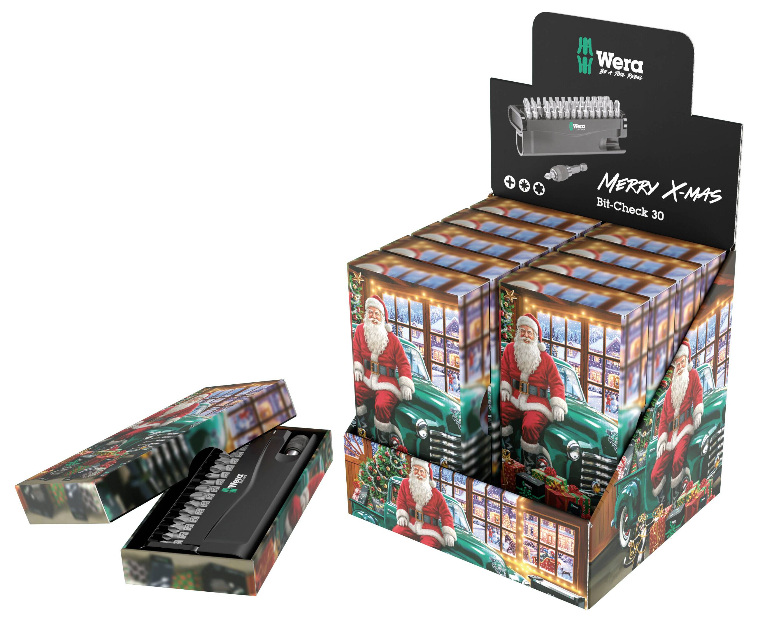 Wera Merry X-Mas Bit-Check 30 Schraubendreher-Bit-Set in einer festlichen Geschenkbox, mit offenem Koffer, der Bits und einen Treiber zeigt.