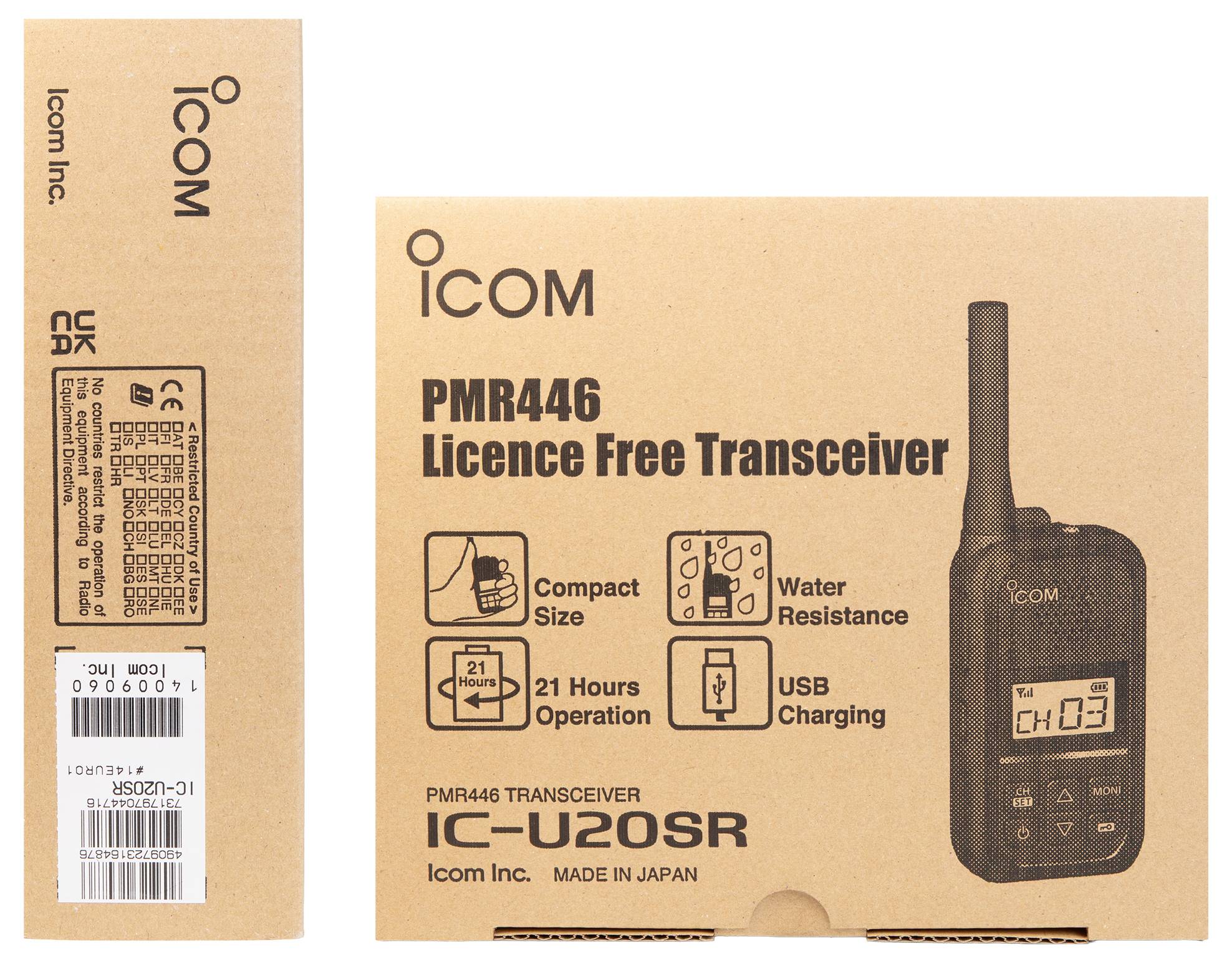 Verpackung für Icom PMR446 lizenzfreien Transceiver IC-U20SR, zeigt das tragbare Funkgerät und Funktionen: kompakte Größe, Wasserbeständigkeit, 21-Stunden-Betrieb, USB-Ladung.