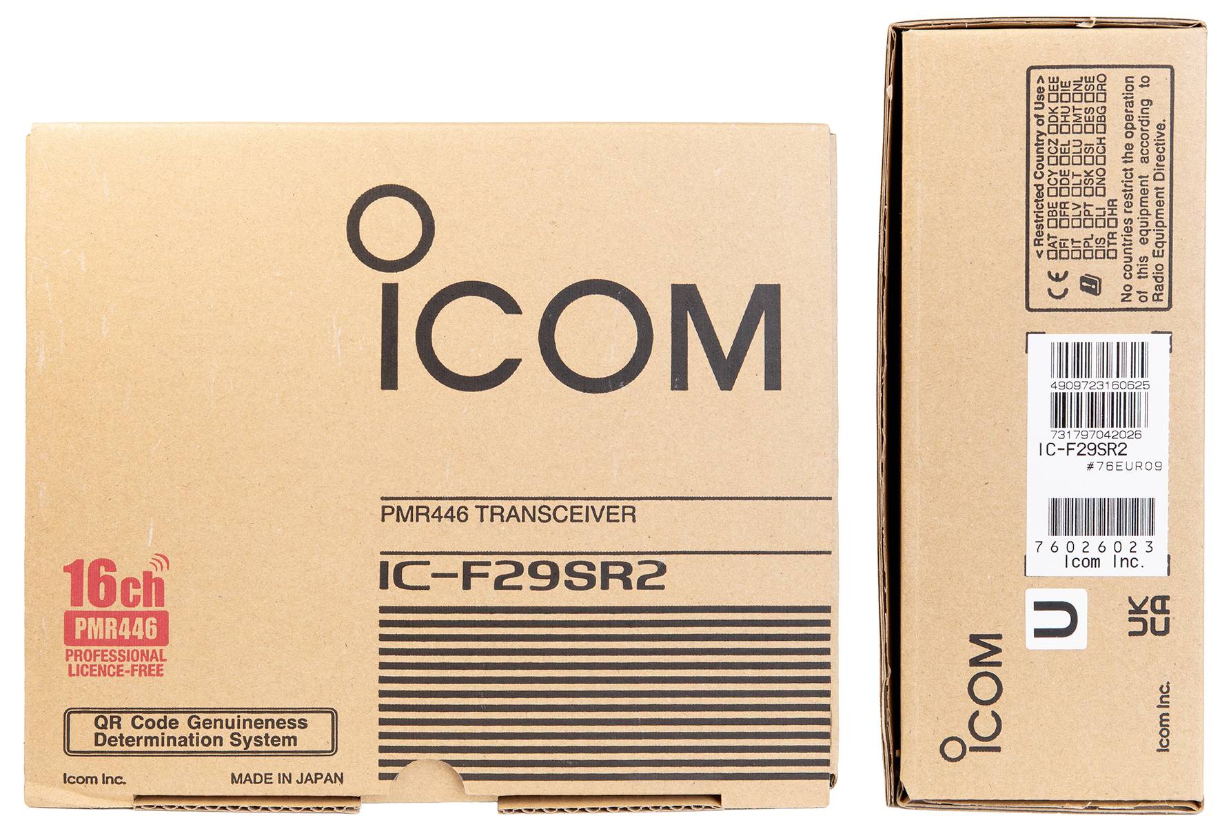 Foto einer Icom-PMR446-Transceiver-Produktbox mit der Bezeichnung 'IC-F29SR2', dargestellt in Front- und Seitenansicht mit Barcode und QR-Code-Authentizitätsmarkierung.