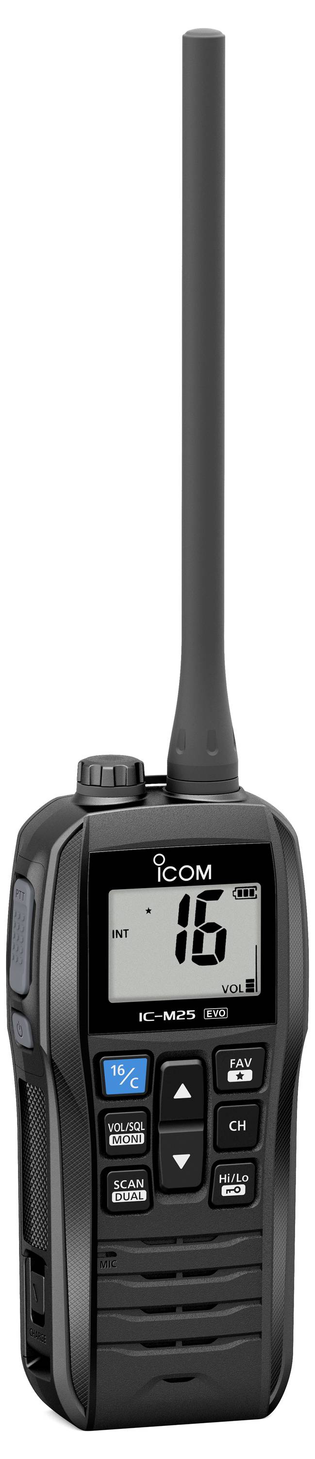 Schwarzer tragbarer Icom-Funkfunksprechfunkgerät mit langer Antenne und digitaler Anzeige mit der Zahl 16.