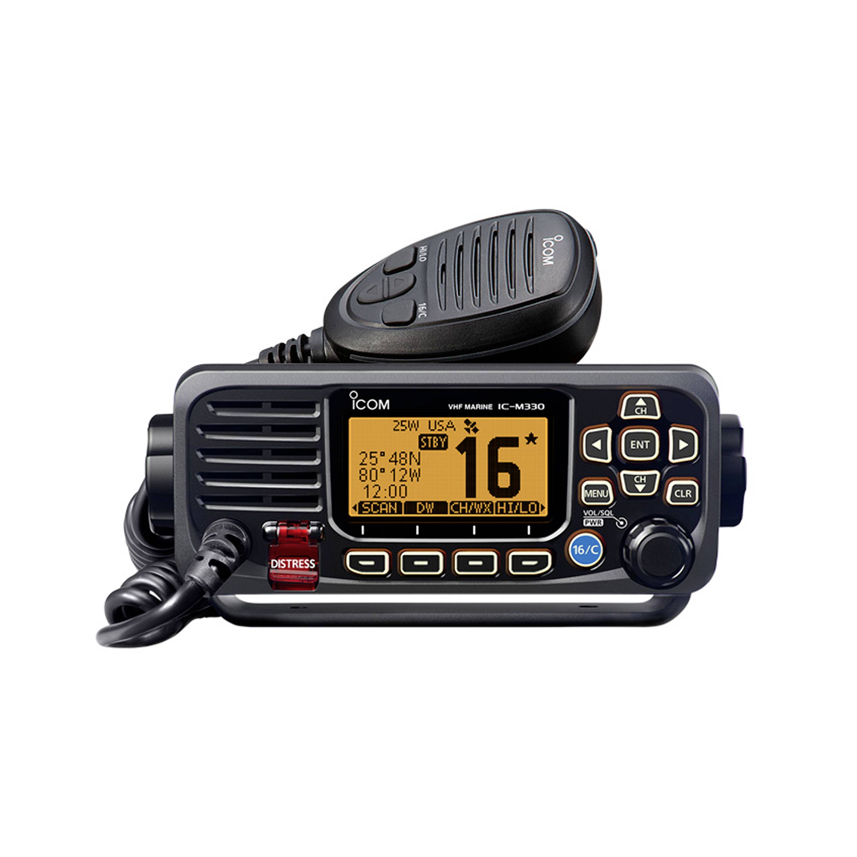 Front-facing Icom Marine-VHF-Funkgerät mit tragbarem Mikrofon, beleuchtetes orangefarbenes Display zeigt Kanal 16 und mehrere Steuertasten.
