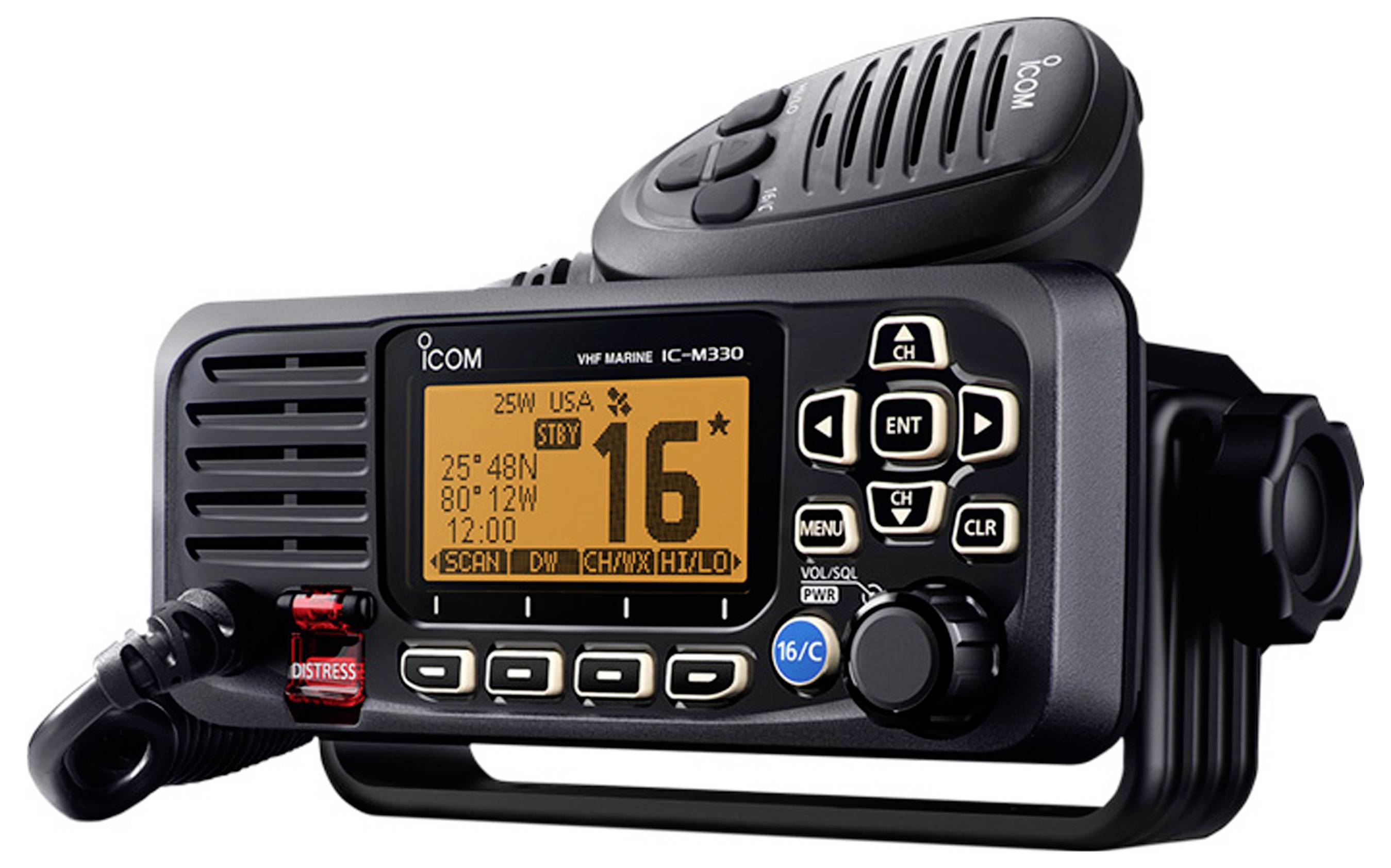 Icom Marine-UKW-Funkgerät mit orangefarbenem LCD-Display, Mikrofon und Bedientasten für Kanal-, Menü- und Notfall-Funktionen.