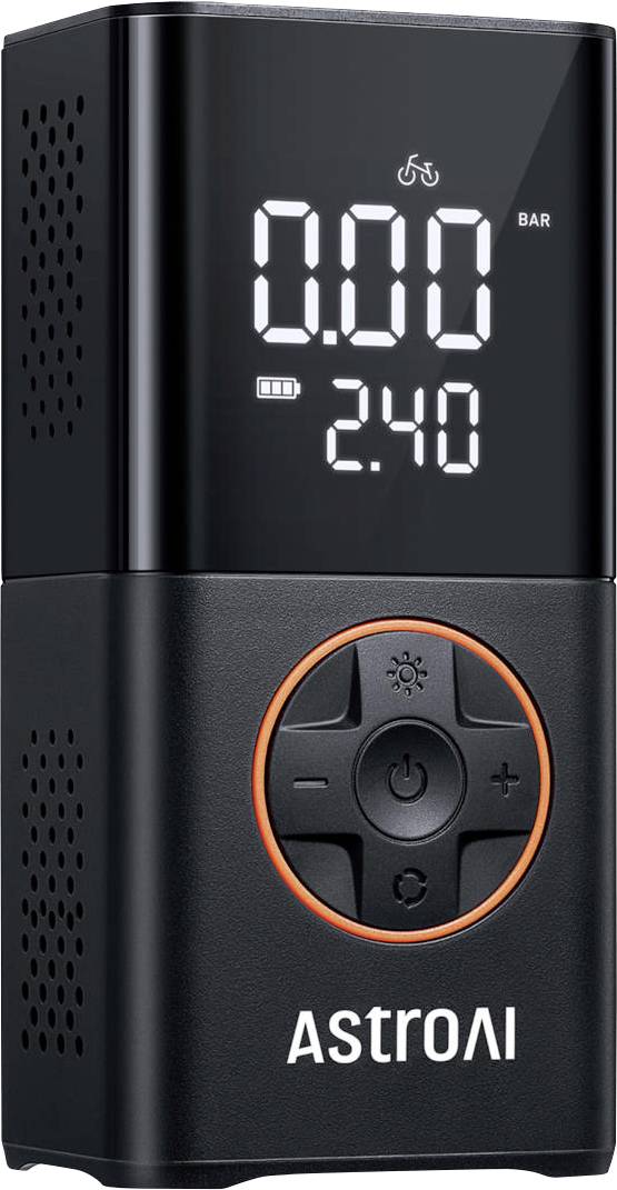 Tragbarer Black ASTROAI Luftpumpe mit digitaler Anzeige, die 0.00 bar und 2.40 Batterie anzeigt, plus runde Bedienungstasten