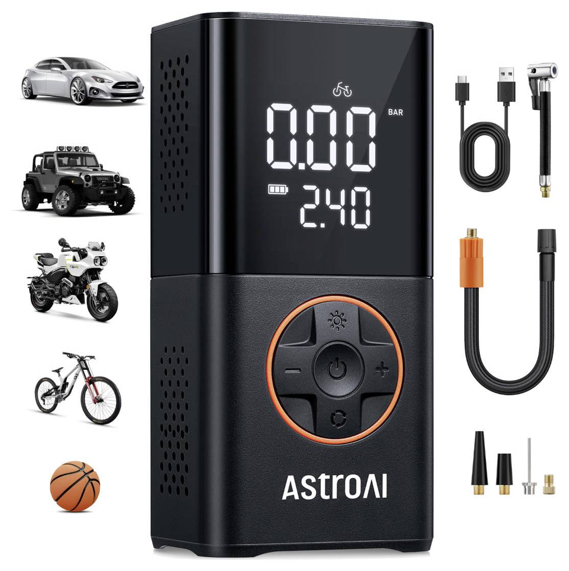 Tragbarer AstroAI-Luftkompressor mit digitaler Druckanzeige, Bedienelemente, Ladekabel, Schlauch und Adaptern; gezeigt für Auto-, SUV-, Motorrad-, Fahrrad- und Sportballaufpumpen.