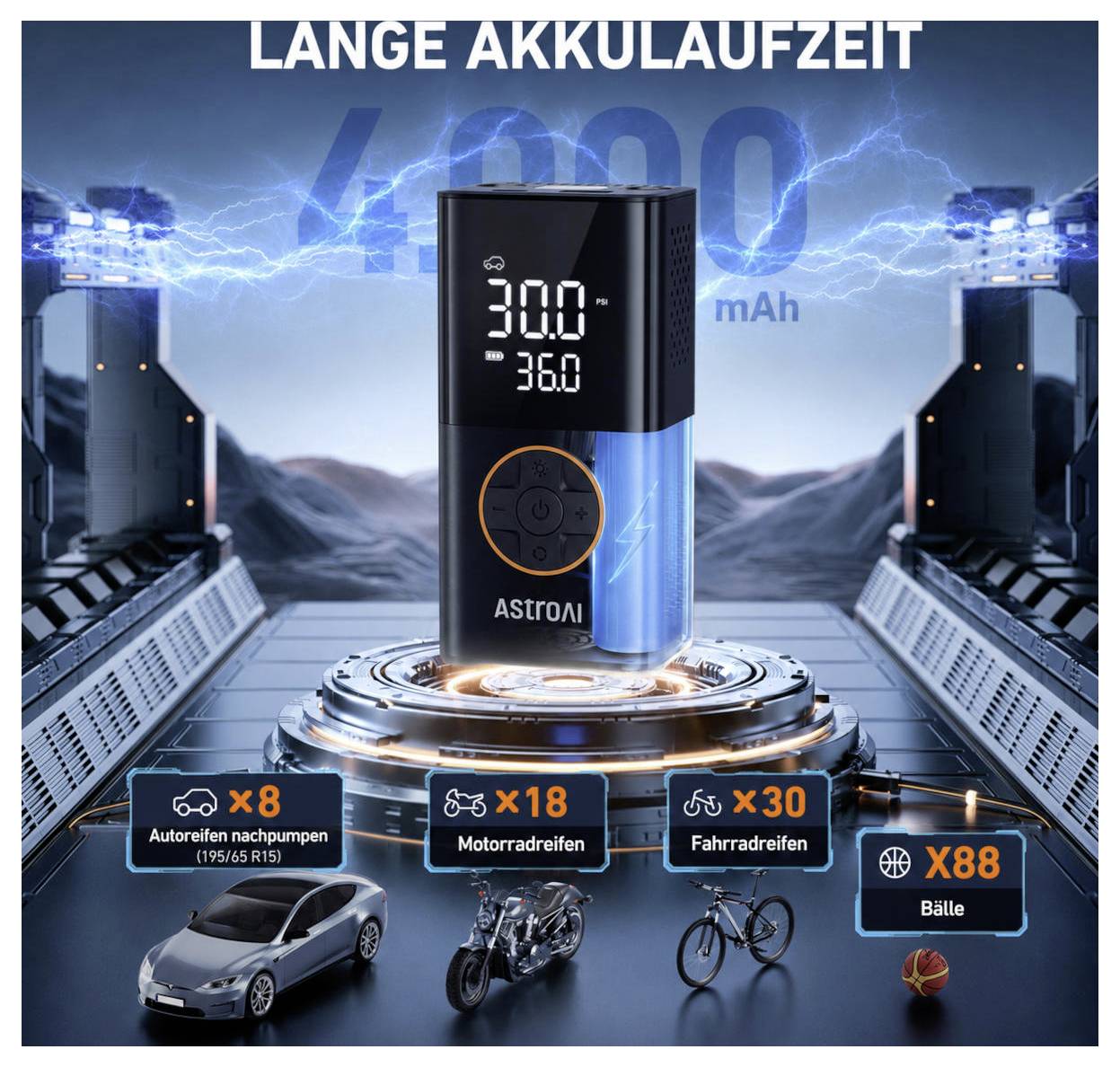 Werbegraphik eines tragbaren Starthilfegeräts mit der Bezeichnung „LANGE AKKULAUFZEIT" mit 4000 mAh, das 8 Auto-, 18 Motorrad-, 30 Fahrrad- oder 88 Ballstarts auf einer futuristischen Plattform zeigt.