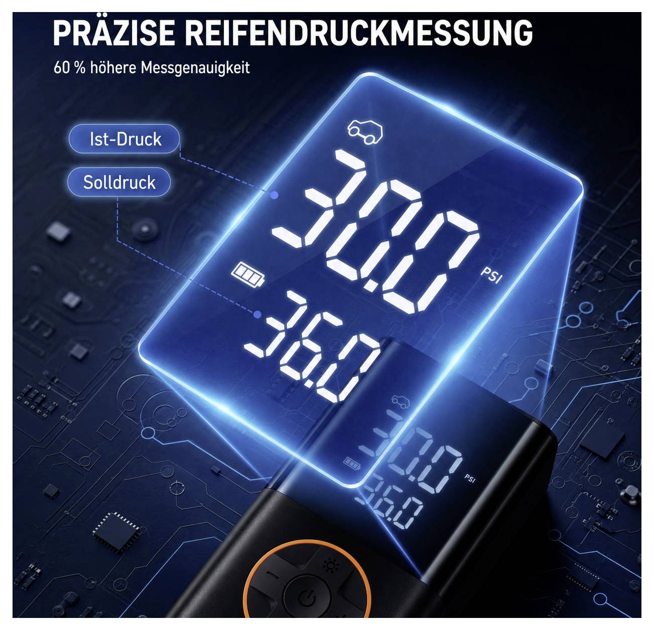 # Anzeige für digitales Reifendruckmessgerät**PRÄZISE REIFENDRUCKMESSUNG****Ist-Druck** und **Solldruck** mit leuchtender 30,0 PSI Anzeige.