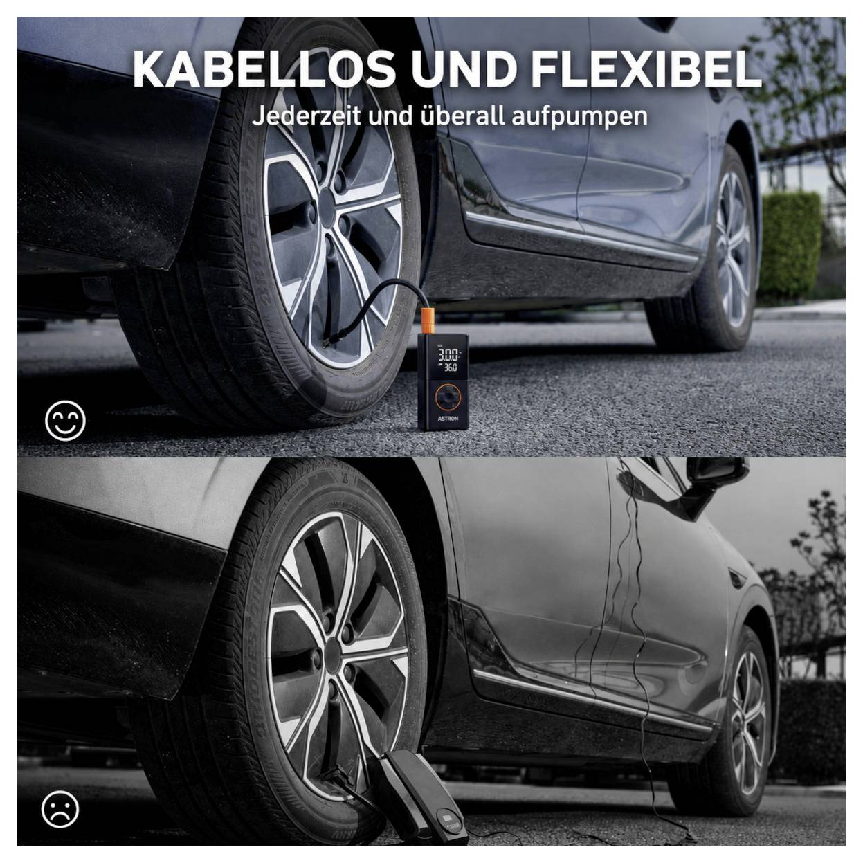 # Geteiltes Bild mit einem Autoreifen, der mit einer kabellosen Pumpe aufgepumpt wird, im oberen Panel und einem platten Reifen im unteren Panel; deutscher Text lautet „KABELLOS UND FLEXIBEL" und „Jederzeit und überall aufpumpen".