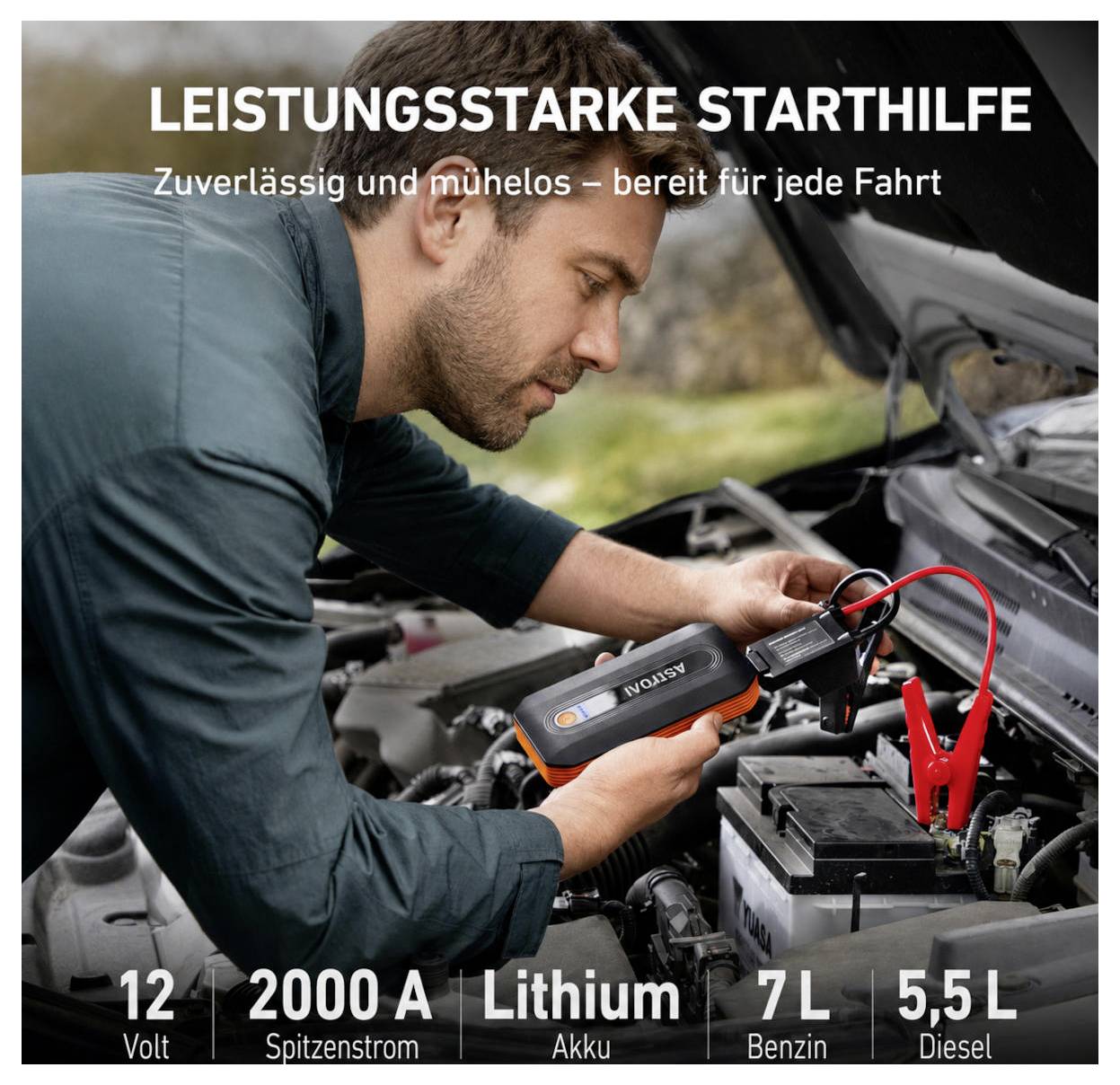 Ein Mechaniker verwendet ein tragbares Lithium-Starthilfegerät an einer Autobatterie unter der Motorhaube; der Text bewirbt „LEISTUNGSSTARKE STARTHILFE" und Spezifikationen: 12 Volt, 2000 A, 7L Benzin, 5,5L Diesel.