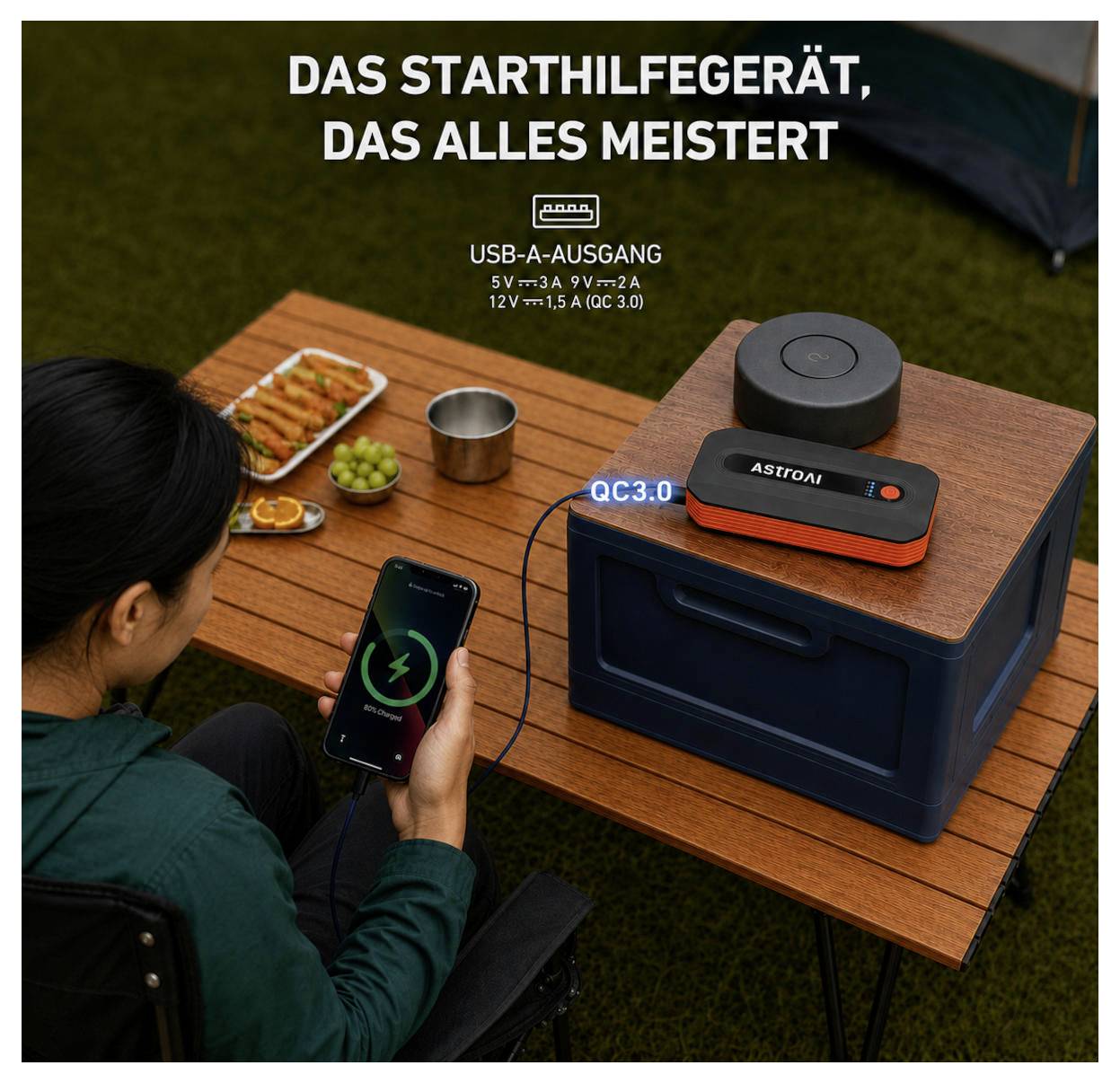 # German TranslationPerson lädt ein Telefon von einer tragbaren AstroAI-Stromstation auf einem Tisch auf; deutscher Text bewirbt das Gerät als vielseitiges Startergerät mit USB-A-Ausgang und QC3.0.