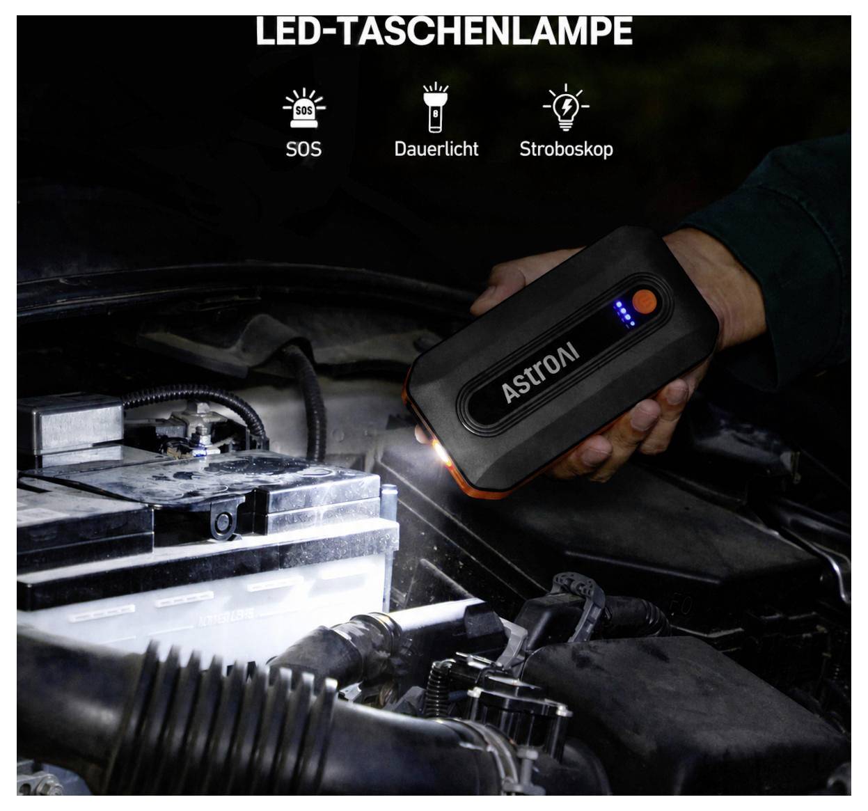 Eine Person nutzt eine LED-Taschenlampe zur Inspektion eines Automotors; das Bild kennzeichnet die Leuchtmodi mit "SOS", "Dauerlicht" und "Stroboskop".