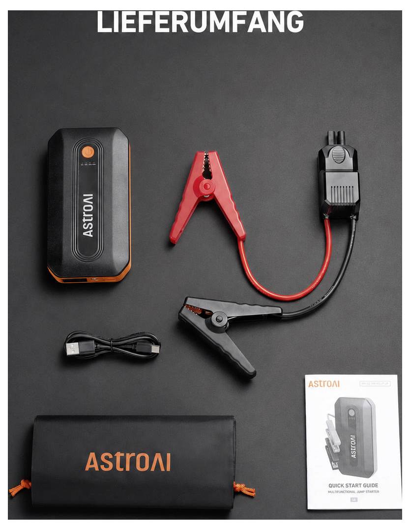 ASTRON Starthilfegerät mit Zubehörteilen auf dunklem Hintergrund angeordnet, einschließlich Klemmen, Kabel, USB-Kord, Tragetasche und Schnellstartanleitung unter dem Titel „LIEFERUMFANG".