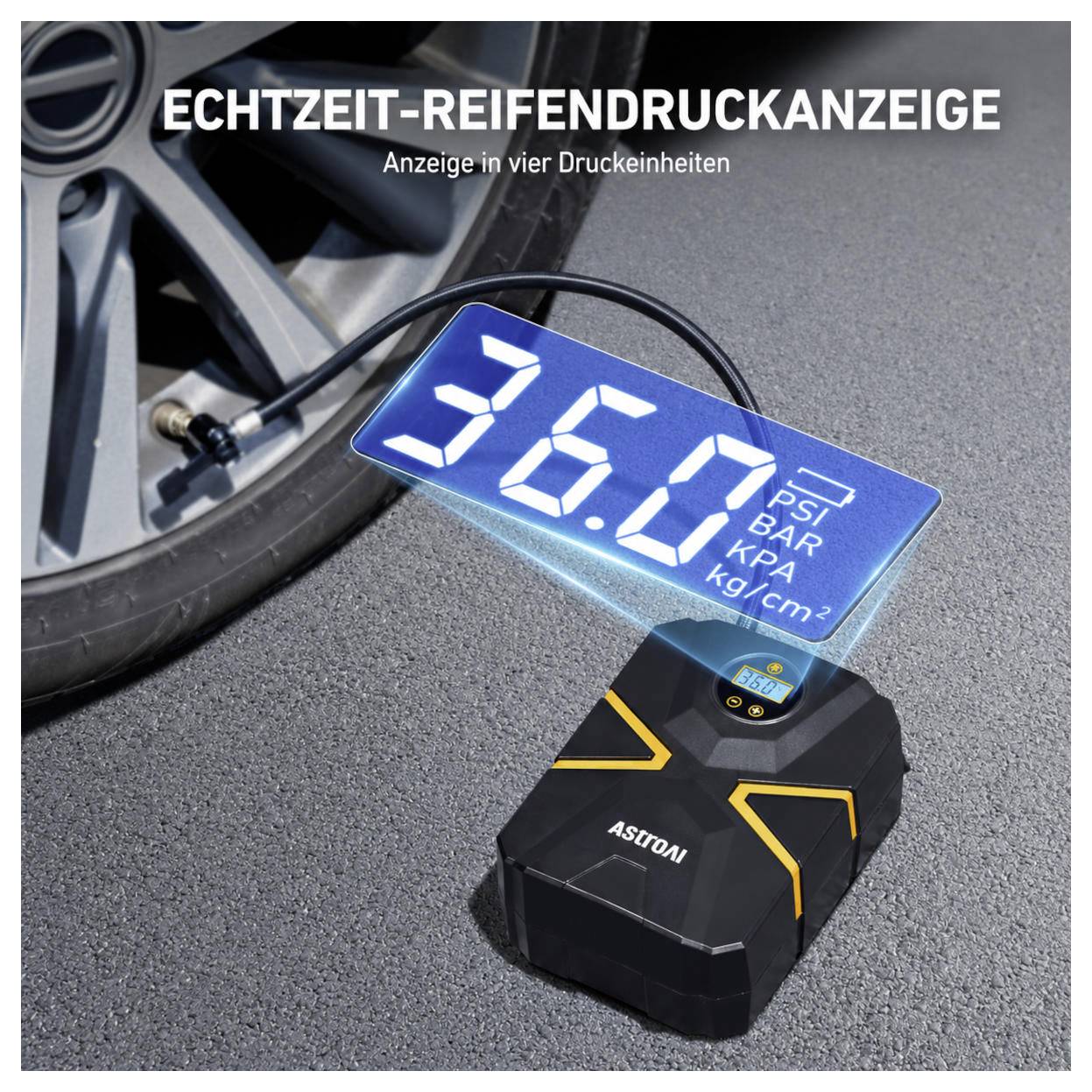 Tragbares Reifendruckmessgerät mit einer Anzeige von 36,0 neben einem Autoreifen; Einheiten PSI, BAR, KPA und kg/cm² sind daneben angezeigt; der Text lautet „ECHTZEIT-REIFENDRUCKANZEIGE" und „Anzeige in vier Druckeinheiten".