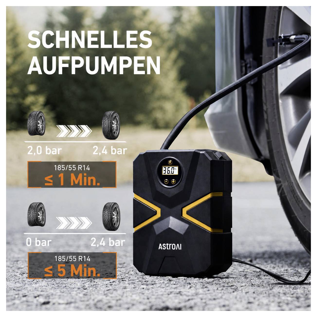 # AstroAI Tragbarer Reifenfüller**Schnelles Aufpumpen**Aufpumpen von 2,0 auf 2,4 bar in unter 1 MinuteAufpumpen von 0 auf 2,4 bar in unter 5 Minuten