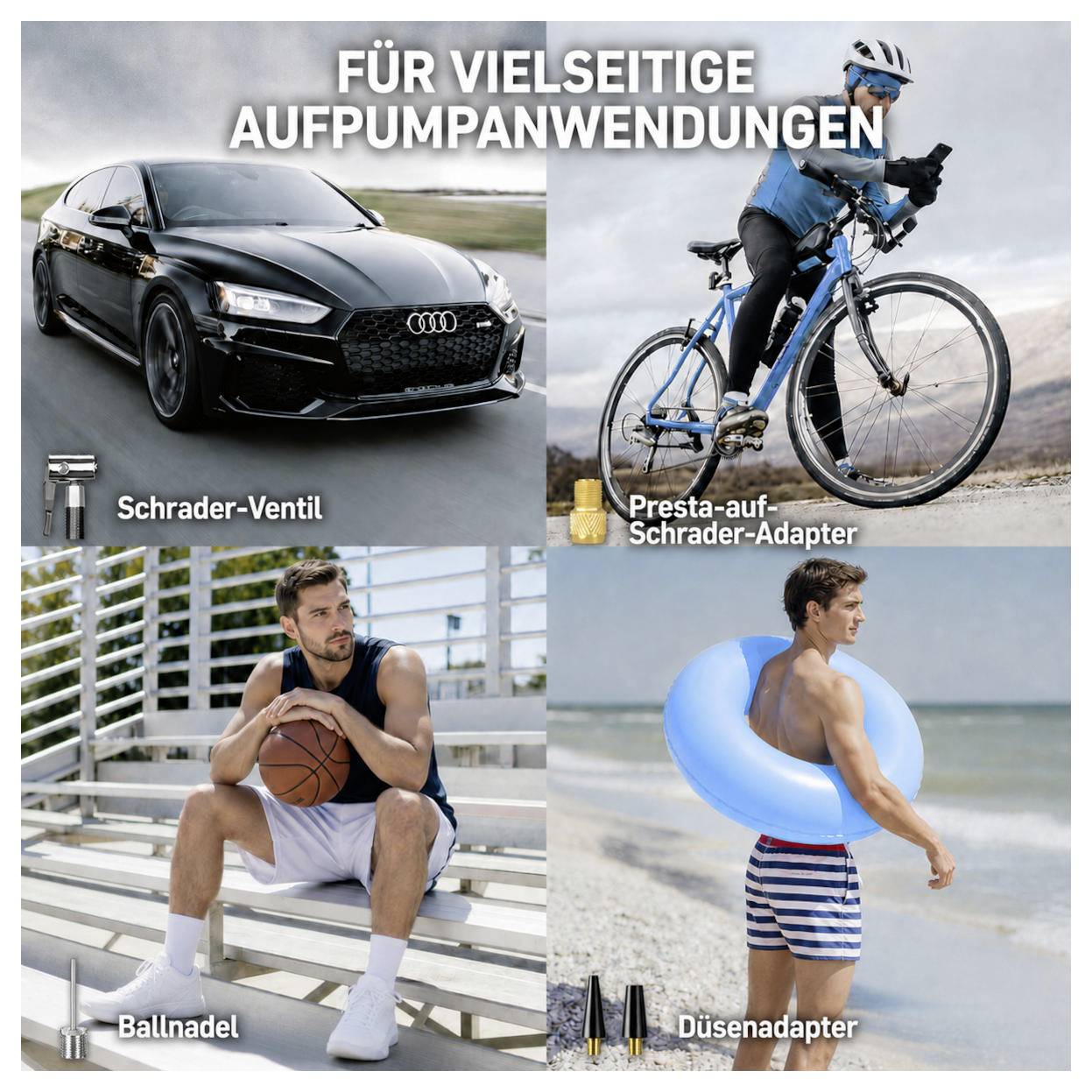 Vierteiliges Anzeigenbild für vielseitige Aufblasanwendungen: Schrader-Ventil-Auto, Presta-zu-Schrader-Fahrradventil-Adapter, Ballnadel für einen Basketball und Düsenadapter für einen Schwimmring.