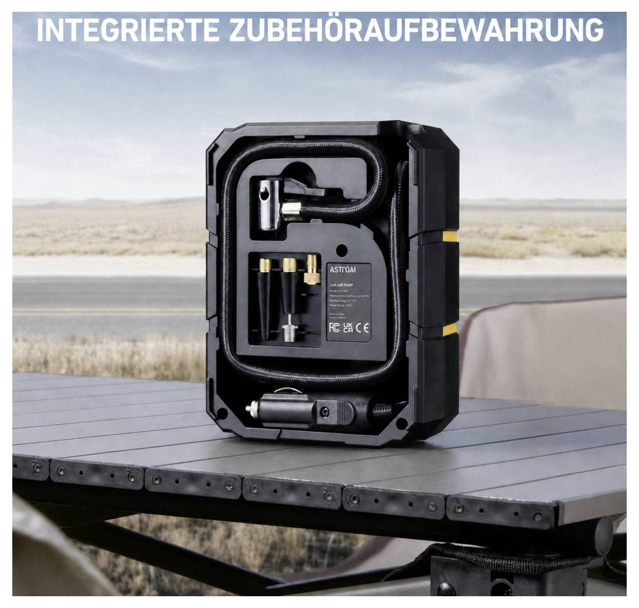 Schwarze tragbare Tasche mit integrierter Aufbewahrung für Werkzeuge und Zubehör, auf einem Tisch im Freien geöffnet gezeigt, mit dem Titel „INTEGRIERTE AUFBEWAHRUNG" oben.
