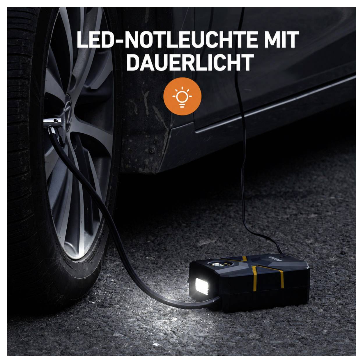 # Tragbare LED-Notleuchte mit Kabelverbindung zum Autorrad, mit deutschem Text "LED-NOTLEUCHTE MIT DAUERLICHT" darüber.