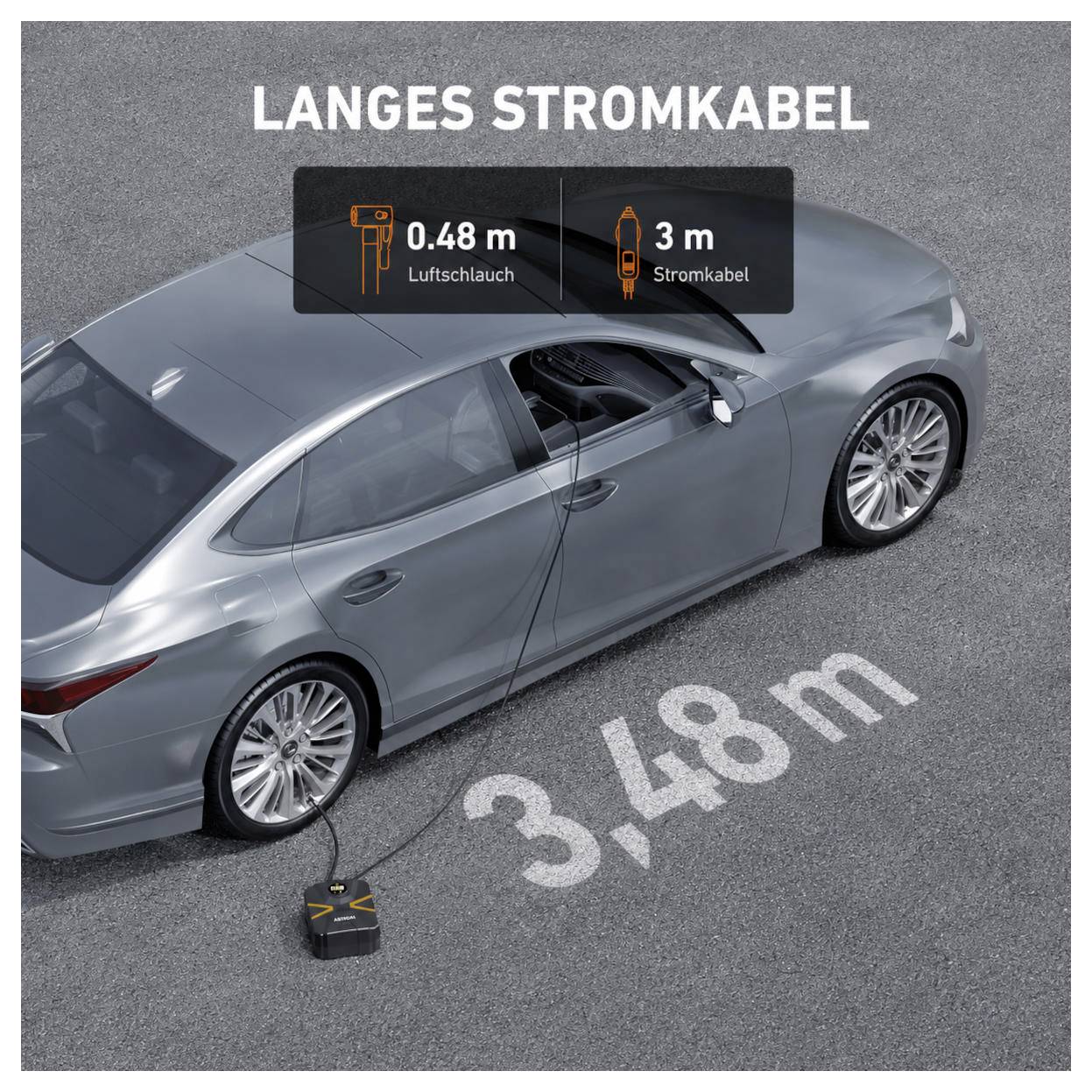Draufsicht eines grauen Elektro-Limousinen, die von einer Bodeneinheit geladen wird; der Text sagt „LANGES STROMKABEL" und zeigt einen 0,48 m langen Luftschlauch und ein 3 m langes Stromkabel, mit 3,48 m auf dem Boden markiert.