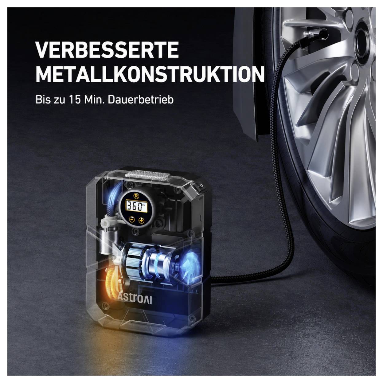 Tragbarer Reifenaufbereiter neben einem Autoreifen mit deutschem Text: „VERBESSERTE METALLKONSTRUKTION" und „Bis zu 15 Min. Dauerbetrieb"; Anzeige zeigt 36.0.