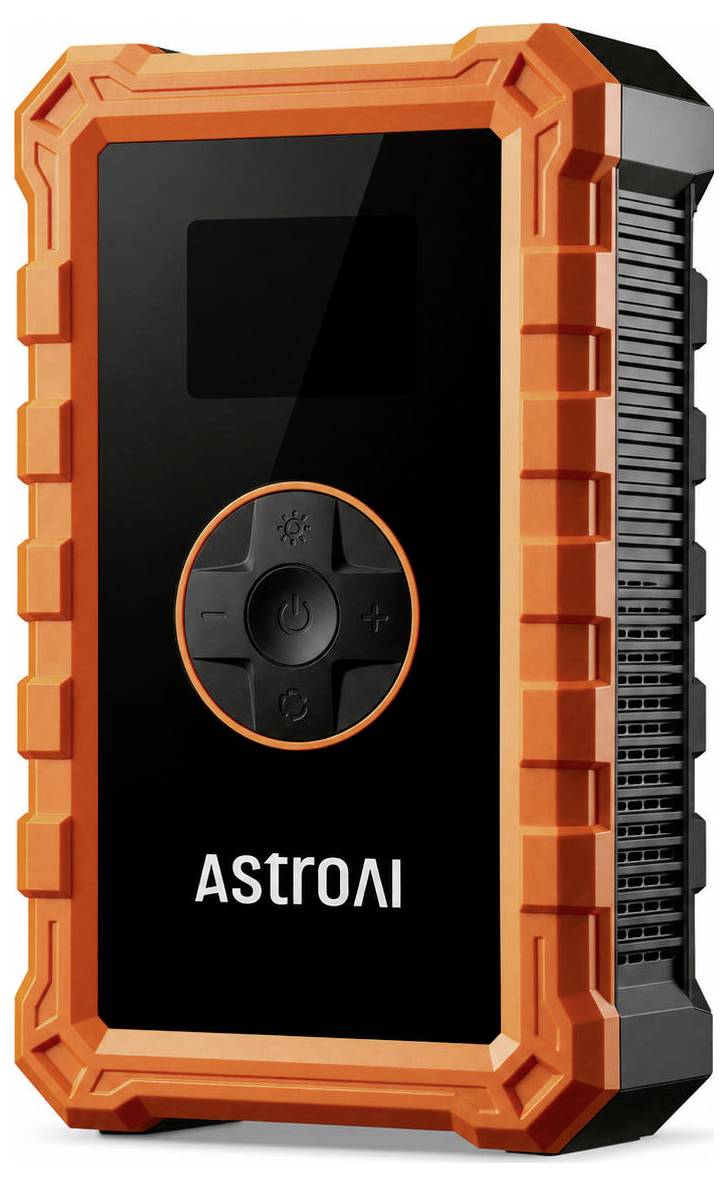 Schwarzes und orangefarbenes tragbares ASTROAI-Gerät mit frontalem Display und zentraler Stromschalter-Taste, abgebildet in einem robusten Schutzkoffer.