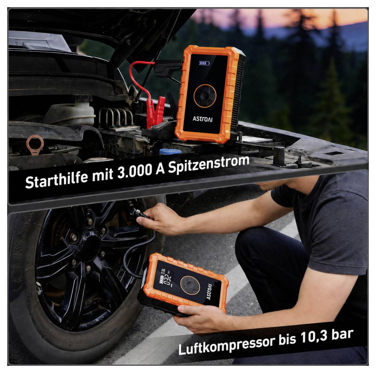 Starthilfegerät mit 3.000 A Spitzenstrom und Luftkompressor bis 10,3 bar im Einsatz an Fahrzeugbatterie und Reifen.