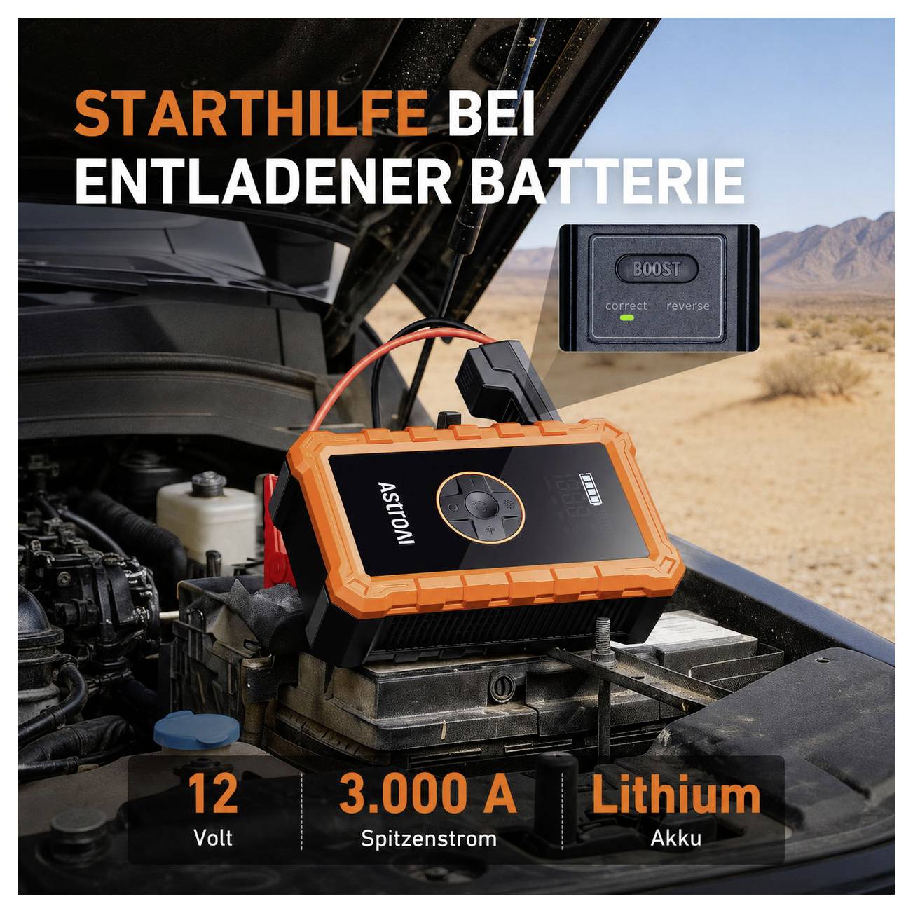 Tragbares Starthilfegerät mit Display in einem Motorraum, beschriftet mit „STARTHILFE BEI ENTLADENER BATTERIE" und „12 Volt", „3.000 A", „Lithium-Akku".