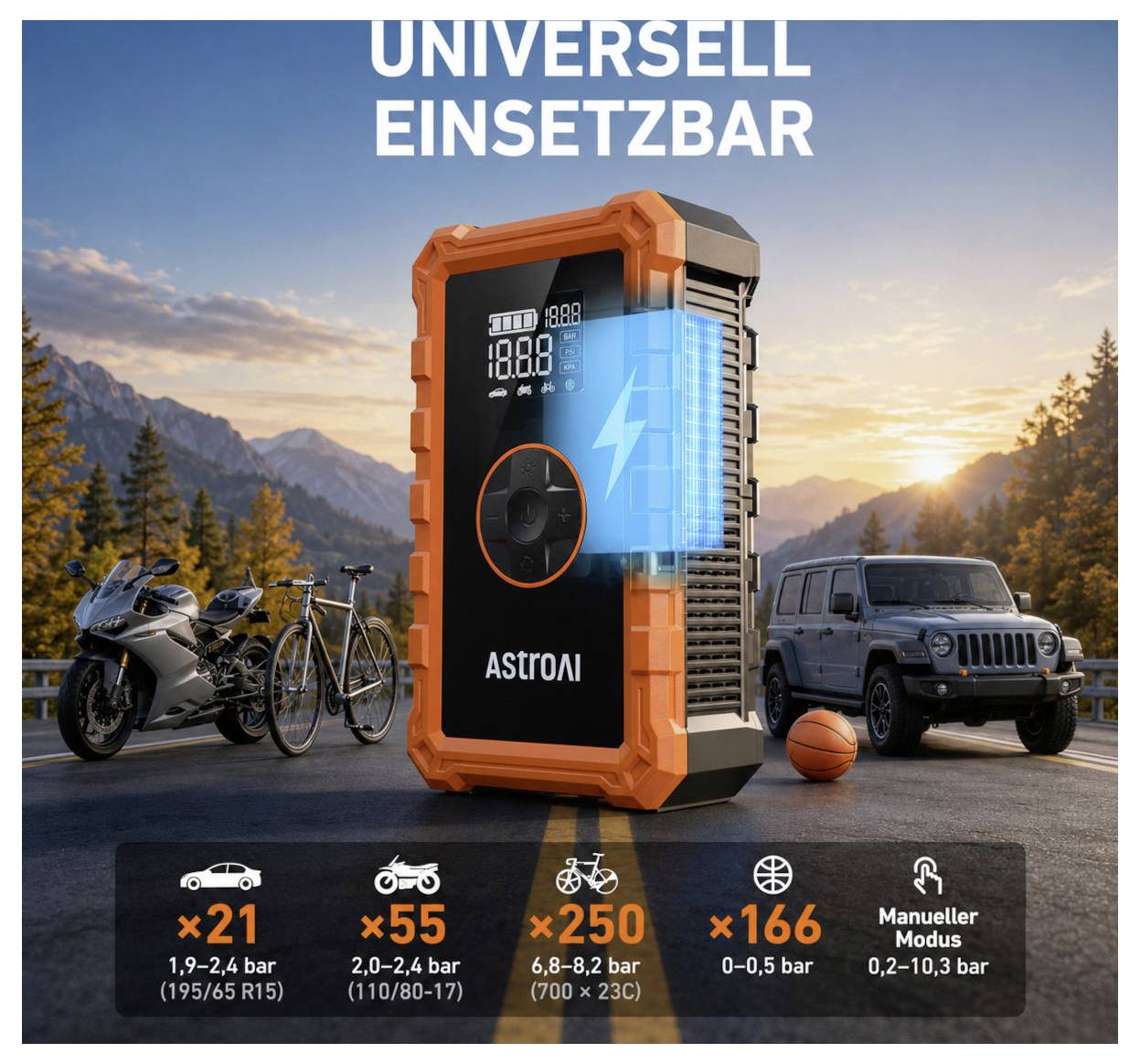 Astro AI S8 AIR Akku-Kompressor 4-in-1 10.34 bar