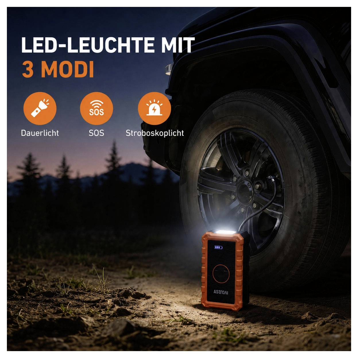 Werbefoto einer tragbaren LED-Leuchte neben einem Autoreifen in der Dämmerung, beschriftet mit „LED-LEUCHTE MIT 3 MODI" mit Symbolen für Dauerlicht, SOS und Blitzlicht.