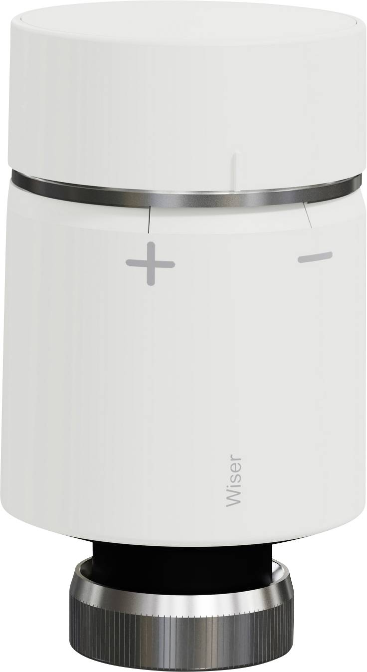 Weißer Thermostattregler mit Plus- und Minus-Temperaturmarkierungen und „Wiser