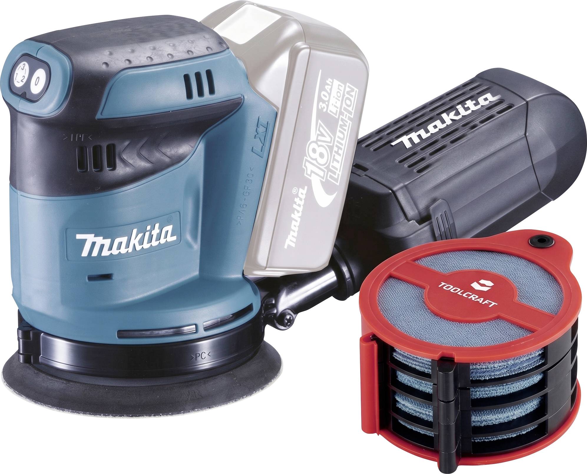 Makita Exzenterschleifer mit Akku und Staubbehälter, neben einer roten und schwarzen Toolcraft-Filterkassette gezeigt.