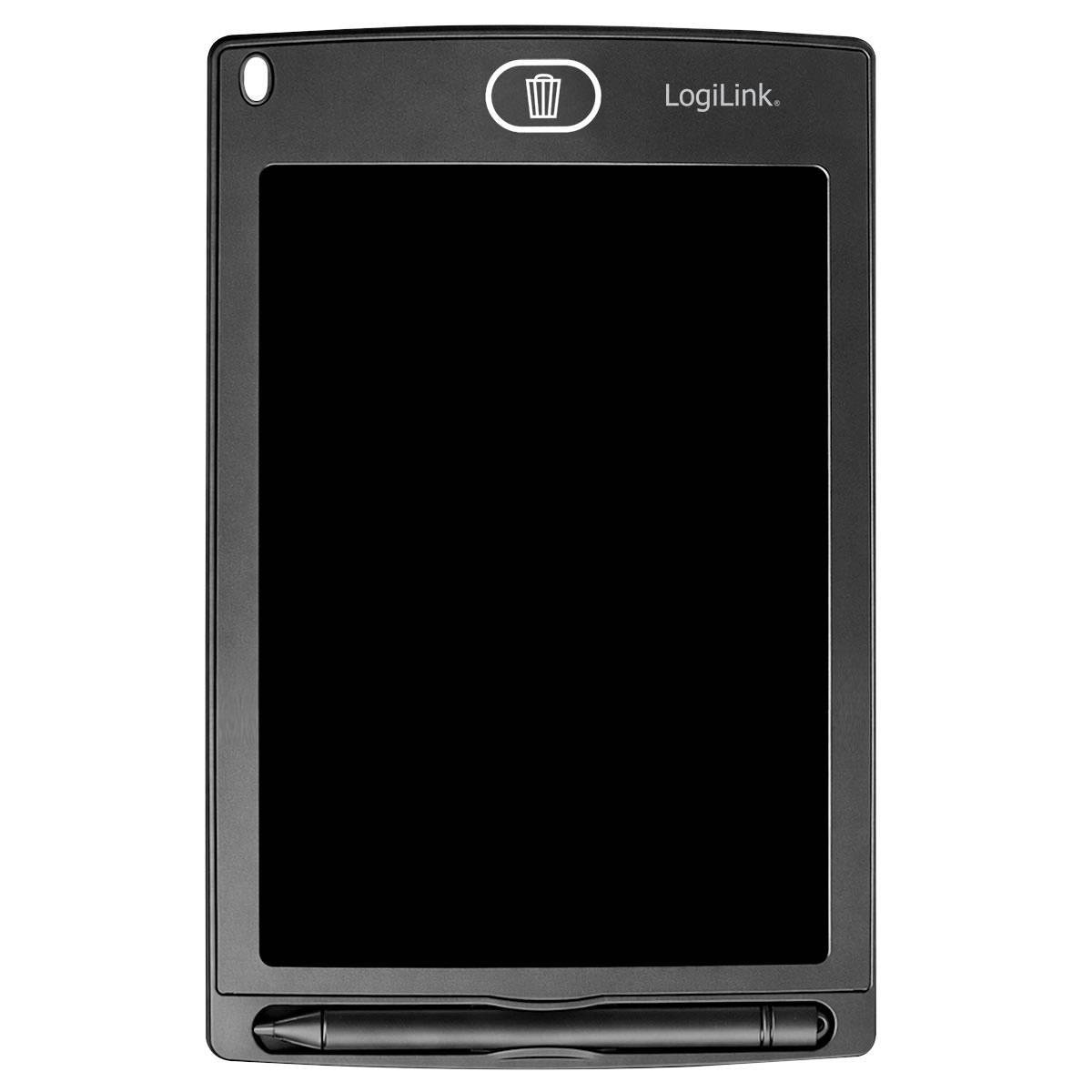 Schwarzes LogiLink elektronisches Schreibtablett mit leerem Bildschirm und Stylus am unteren Ende befestigt