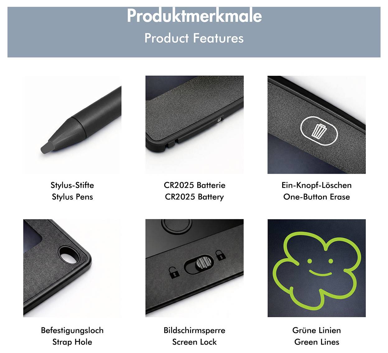 Produktmerkmale-Infografik mit einem Stiftmeißel mit CR2025-Batterie, Einknopf-Löschfunktion, Riemenloch, Bildschirmsperre und grüner Strichzeichnungsfunktion.