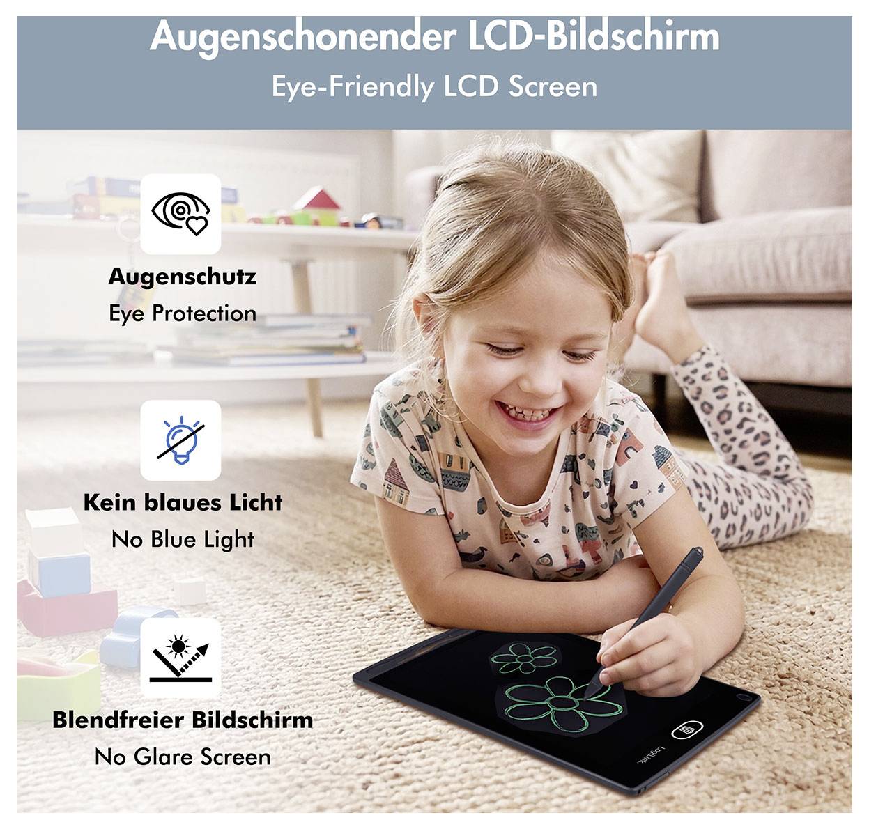 Mädchen zeichnet auf einem Tablet auf dem Boden und bewirbt einen "augenschonenden LCD-Bildschirm" mit Augenschutz, ohne blauem Licht und blendungsfreiem Bildschirm.