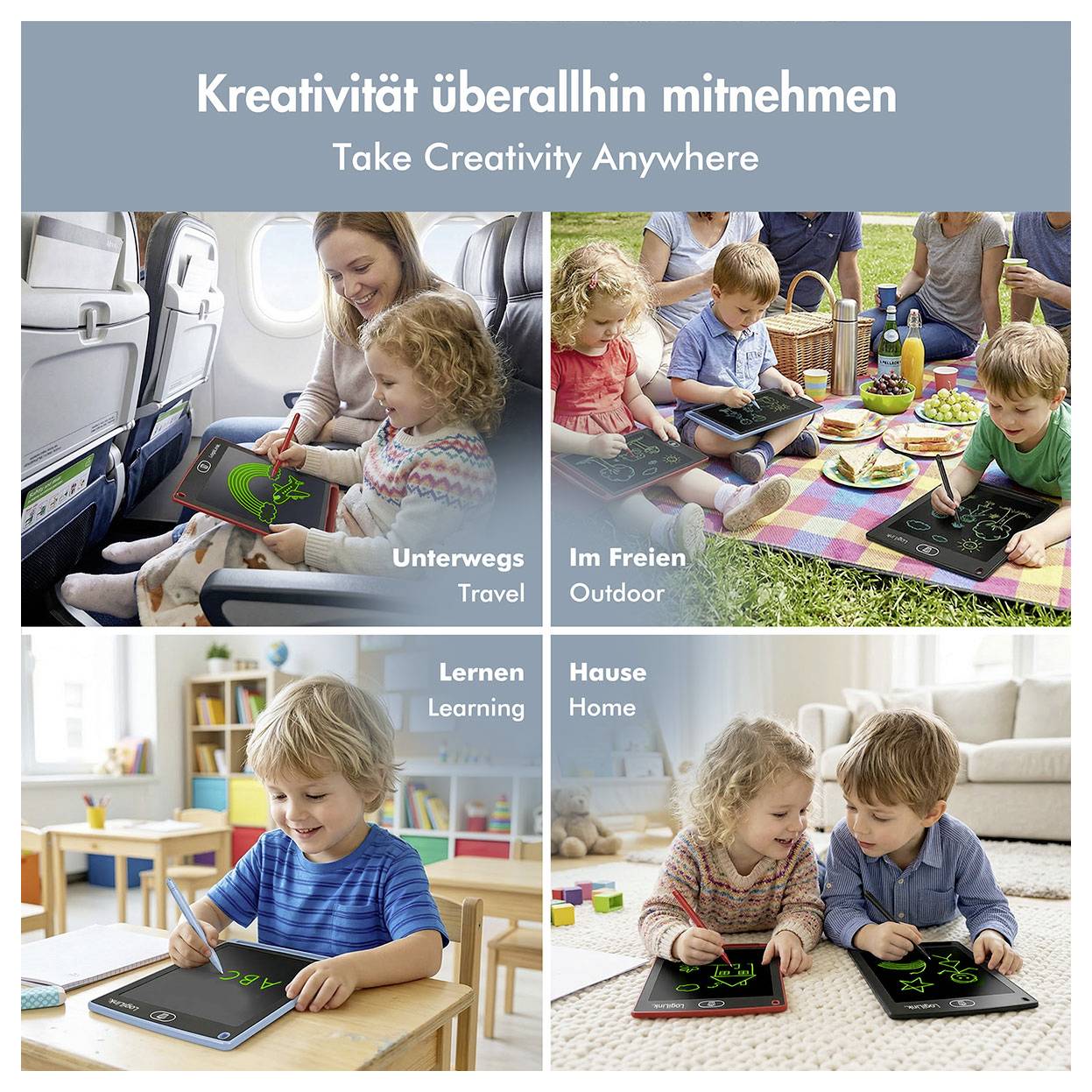 Collage mit dem Titel „Kreativität überallhin mitnehmen / Take Creativity Anywhere" zeigt Kinder, die auf Tablets zeichnen, während sie reisen, im Freien sind, lernen und zu Hause sind.