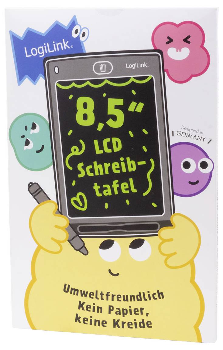 Verpackung für ein LogiLink 8,5-Zoll-LCD-Schreibtablett, das das Tablet und den Slogan „Umweltfreundlich Kein Papier, keine Kreide" mit Cartoon-Händen und -Gesichtern zeigt.