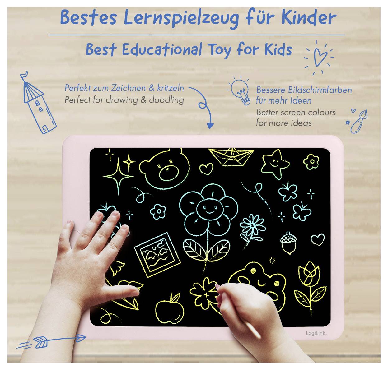 Rosa LCD-Maltafel für Kinder mit Händen, die bunte Kritzeleien zeichnen; Text bewirbt sie als bestes Lernspielzeug für Kinder und zum Zeichnen und für bildschirmfreie Ideen.