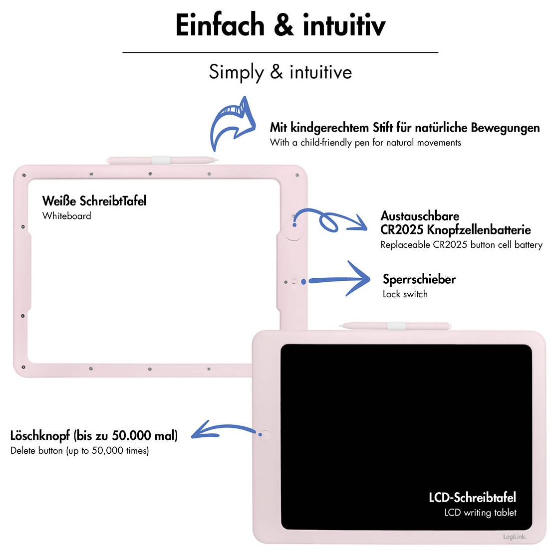 Rosa LCD-Schreibtafel und Whiteboard mit gekennzeichneten Funktionen: kinderfreundlicher Stift, austauschbare CR2025-Batterie, Sperrschieber und Löschtaste bis zu 50.000-mal.