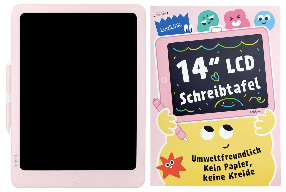 Rosa 14-Zoll LCD-Schreibtafel mit Stift, daneben Verpackung mit der Aufschrift „14" LCD Schreibtafel" und „Umweltfreundlich Kein Papier, keine Kreide".