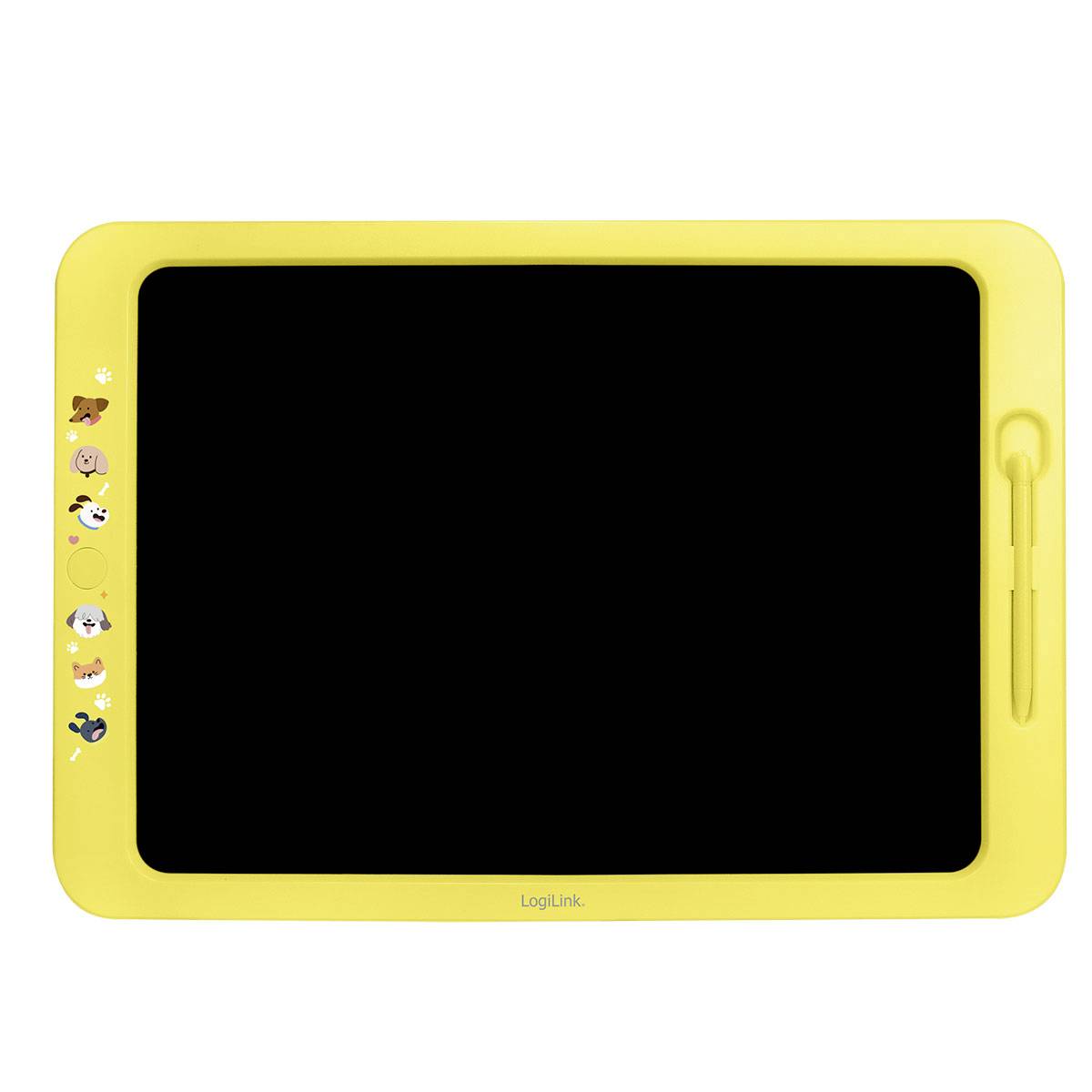 Gelbes Kinder-Zeichnungs-Tablet mit großem leerem schwarzem Bildschirm, Stift auf der rechten Seite und Cartoon-Tiersymbolen auf der linken Seite.